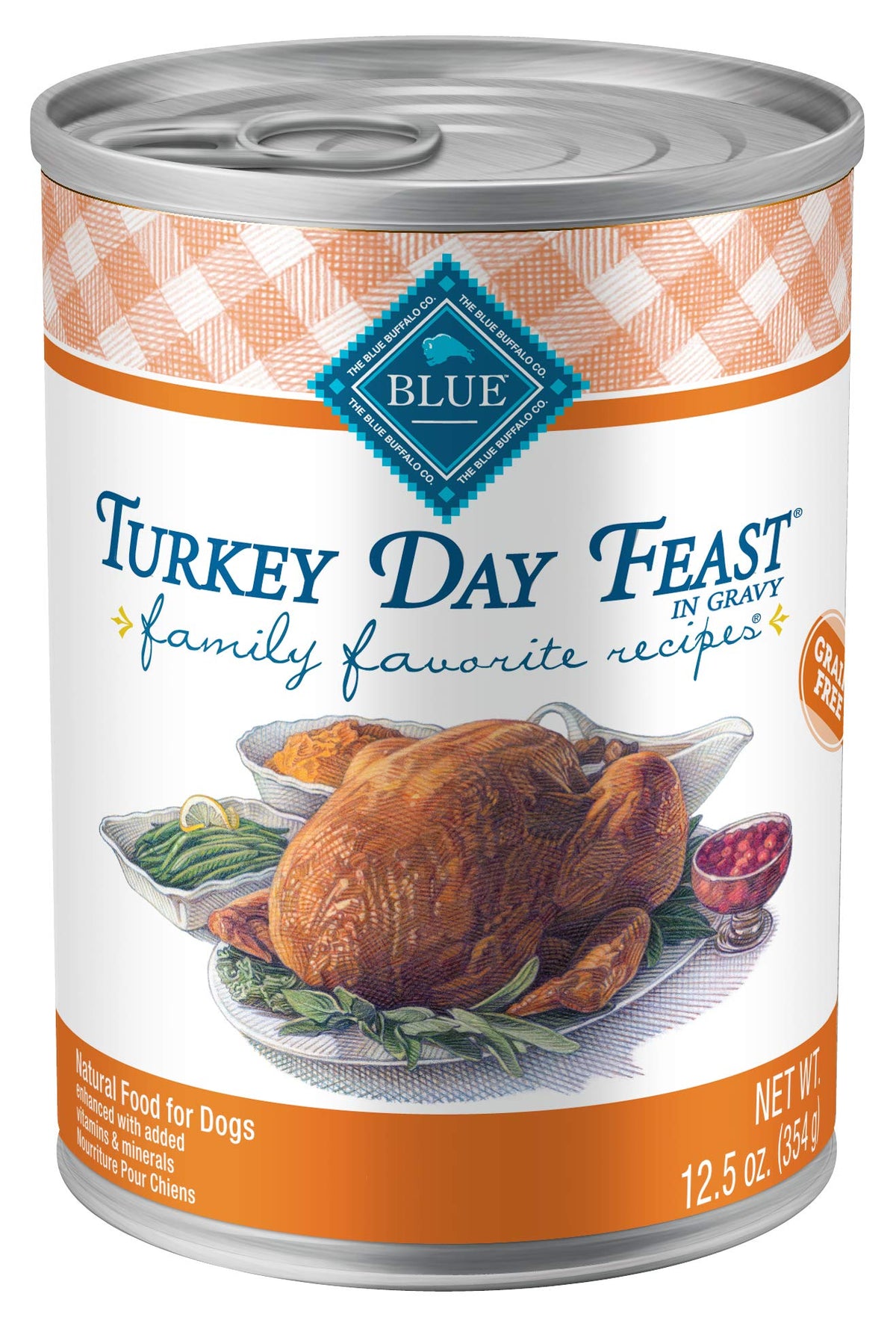 Blue Buffalo Family Favorites en lata 12.5 oz con pavo, comida completa para perros.