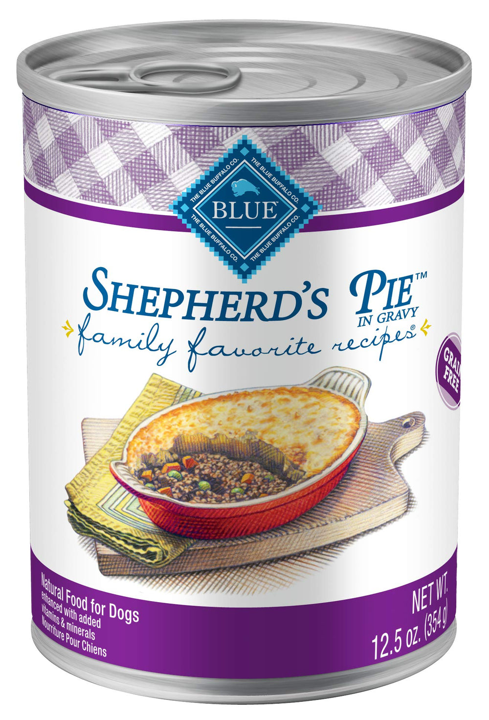 Blue Buffalo pastel-del-pastor en lata, comida completa para perros adultos.