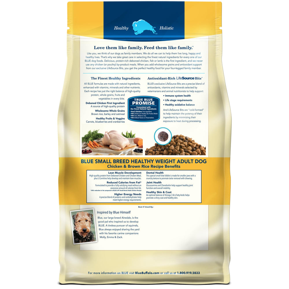 Blue Buffalo fórmula control de peso para razas pequeñas, porciones adecuadas.