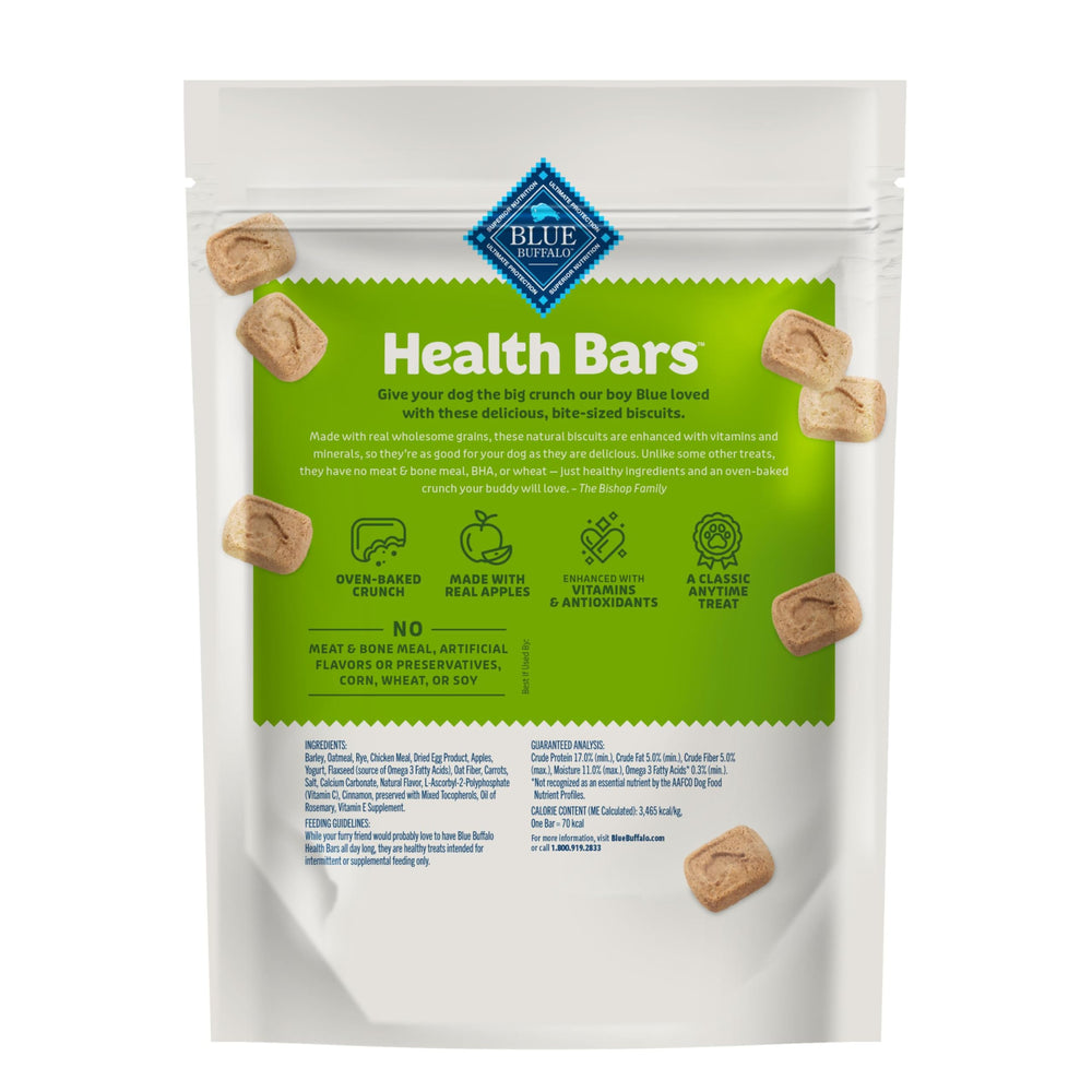 Blue Buffalo Health Bars Mini, primer plano de ingredientes clave manzana y yogur, sabor natural.