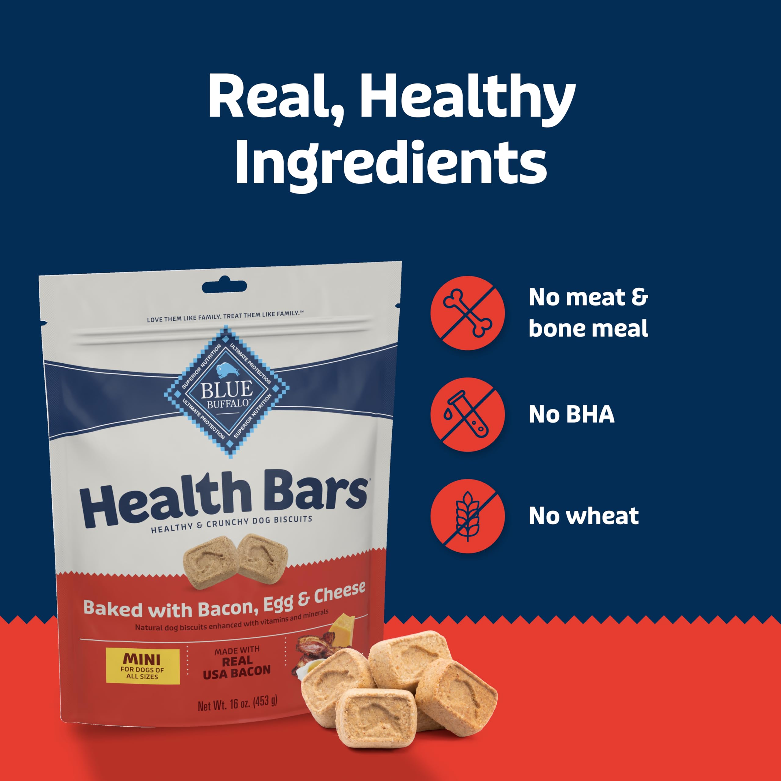 Blue Buffalo Health Bars Mini, enriquecido con omega-3 y antioxidantes.