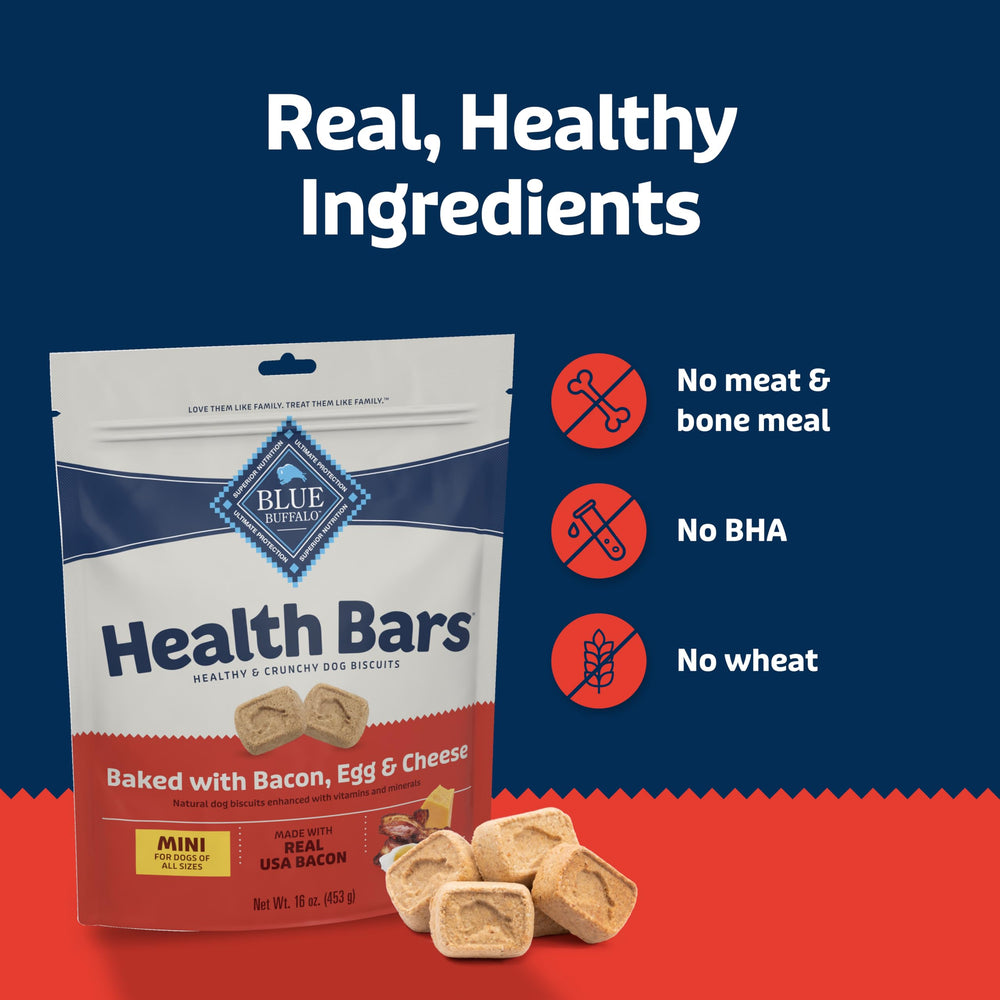 Blue Buffalo Health Bars Mini, enriquecido con omega-3 y antioxidantes.