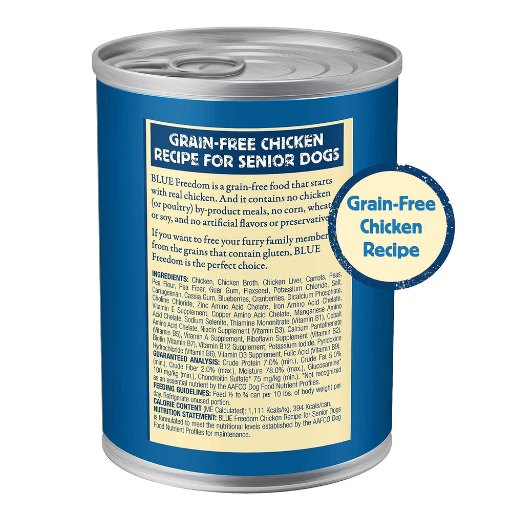 Blue Buffalo Freedom Senior etiqueta mostrando ingredientes naturales y sin granos