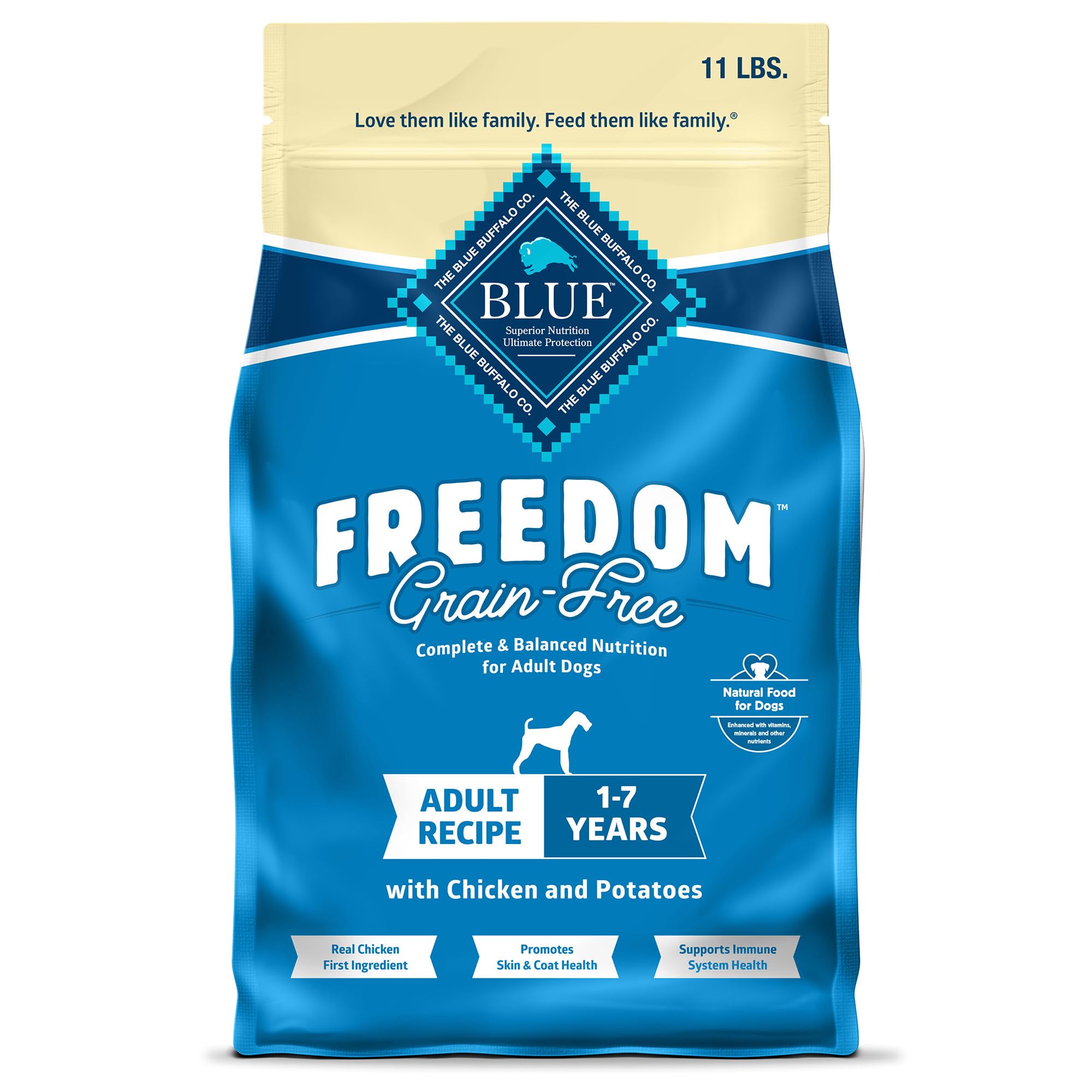 Blue Buffalo Libertad sin granos, alimento seco para perros con pollo y papas.