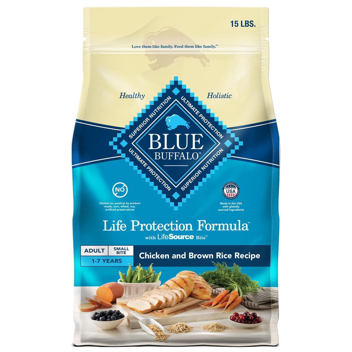 Blue Buffalo Life Protection, imagen frontal de la bolsa para perros adultos.