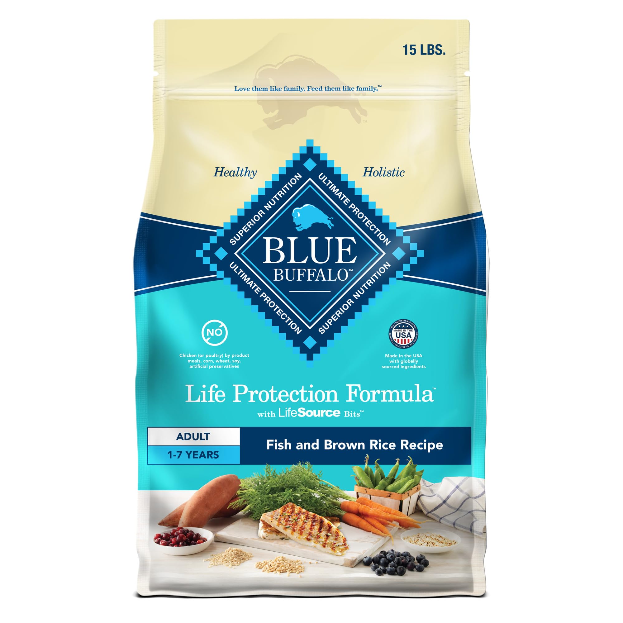 Blue Buffalo Life Protection Formula con pescado blanco real para una dieta equilibrada que favorece la musculatura.