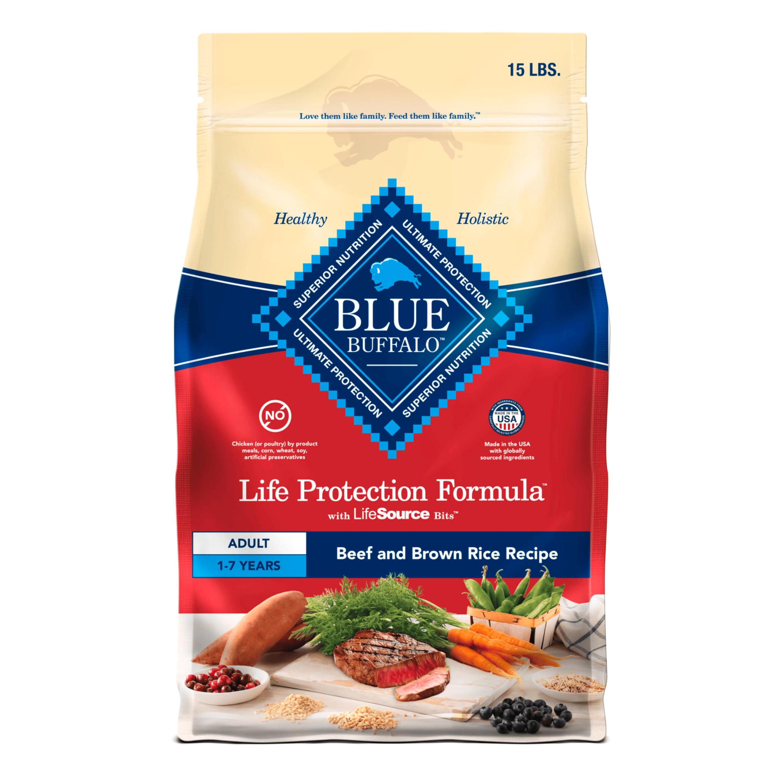 Blue Buffalo Life Protection Formula, carne de res y arroz integral para músculos fuertes.