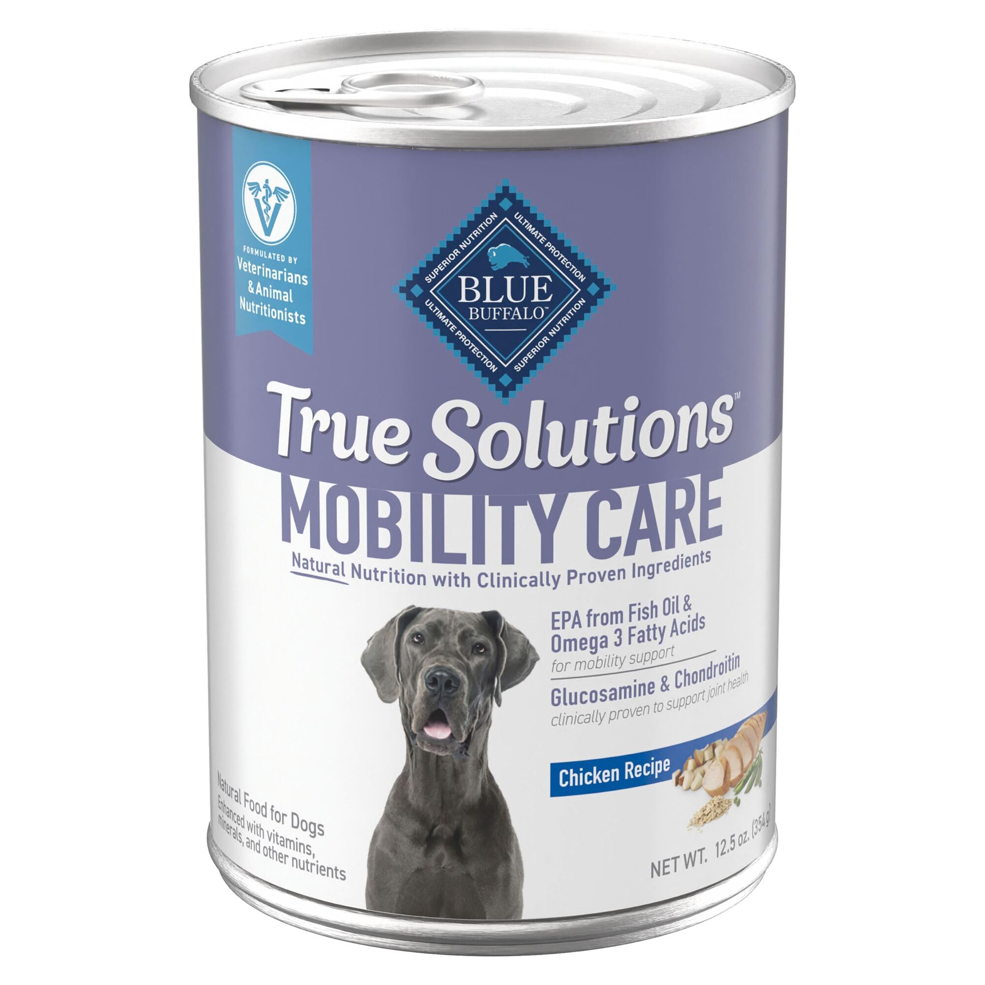 Blue Buffalo Mobility Care, lata de 12.5 oz, enfoque en movilidad para perros adultos.