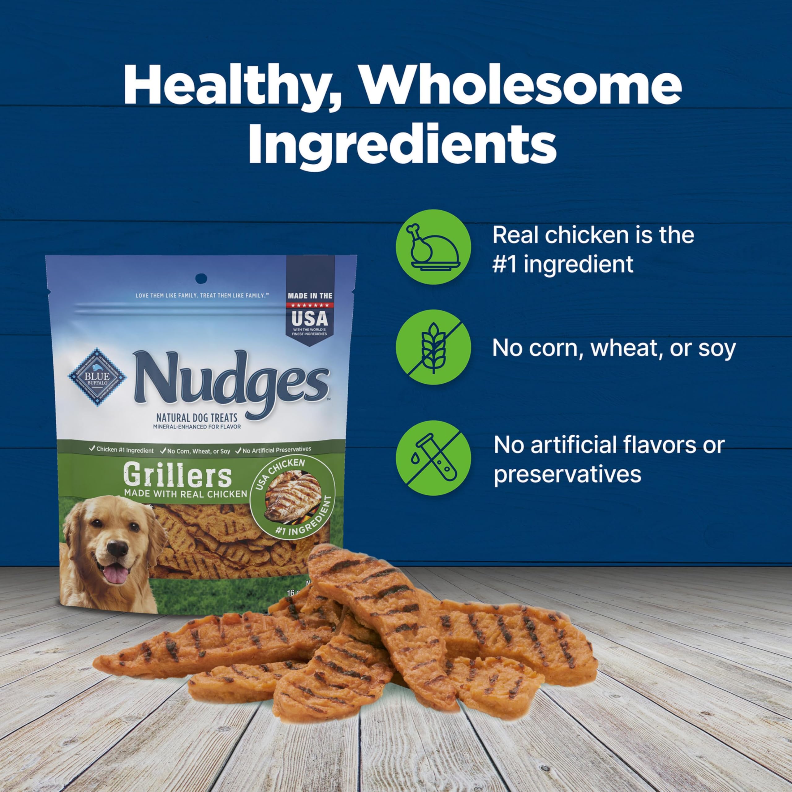 Blue Buffalo Nudges Grillers ofrece porciones faciles de desgarro para entrenamientos.