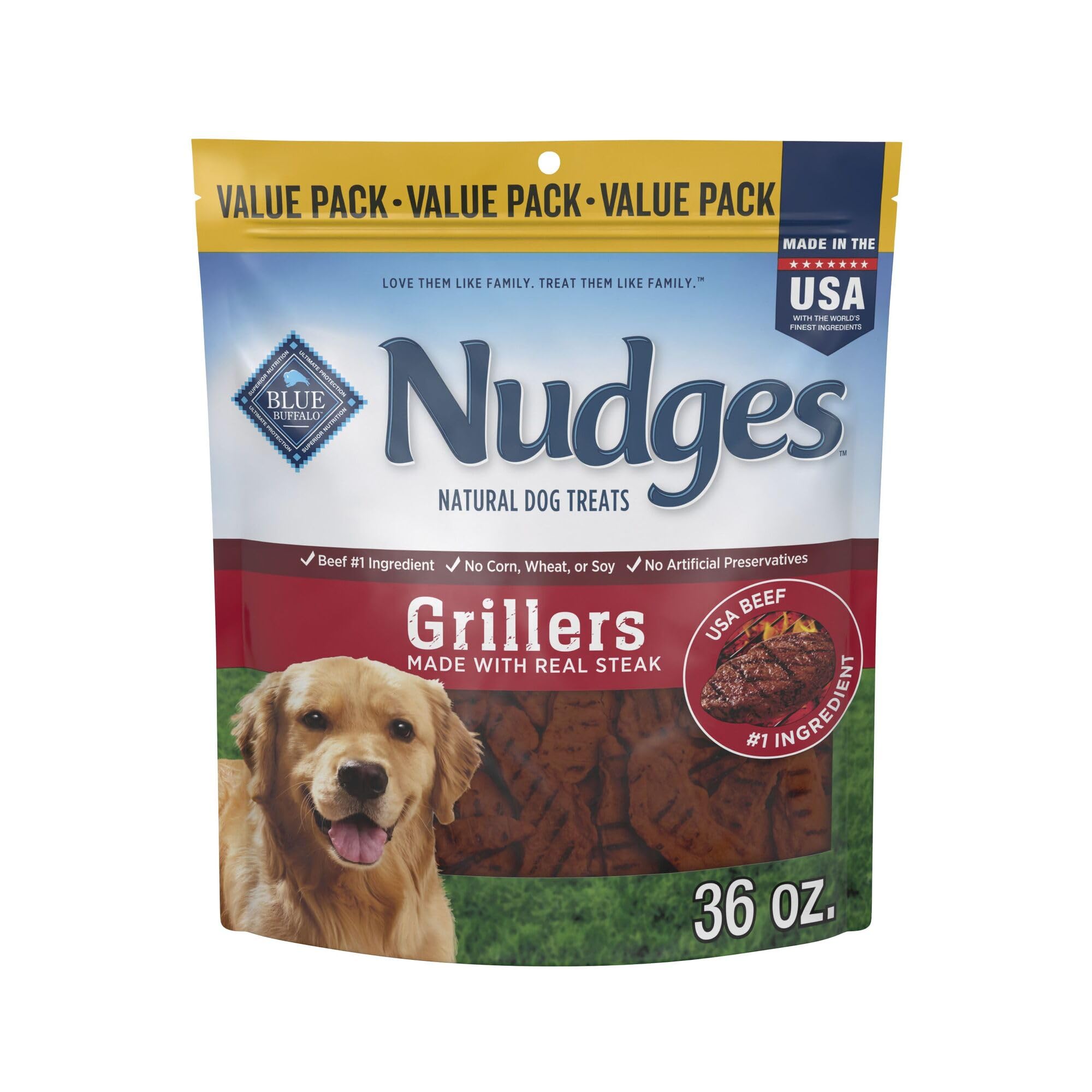 Blue Buffalo Nudges Grillers ternera real, primer ingrediente para un sabor irresistible.