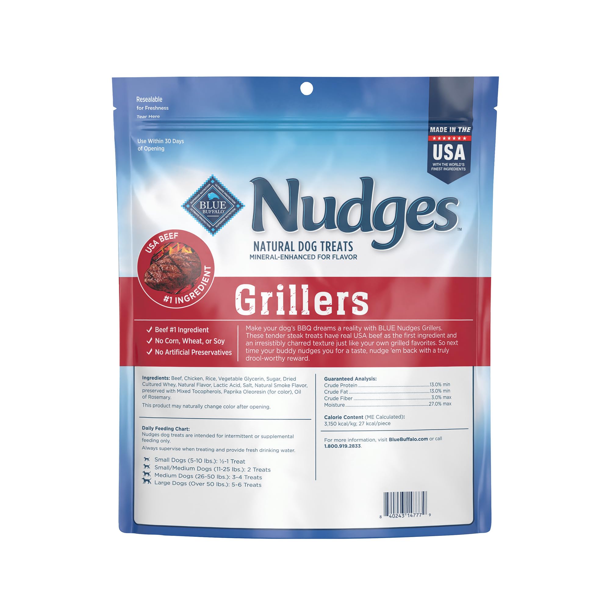 Blue Buffalo Nudges Grillers textura bistec, ideal para recompensas diarias.