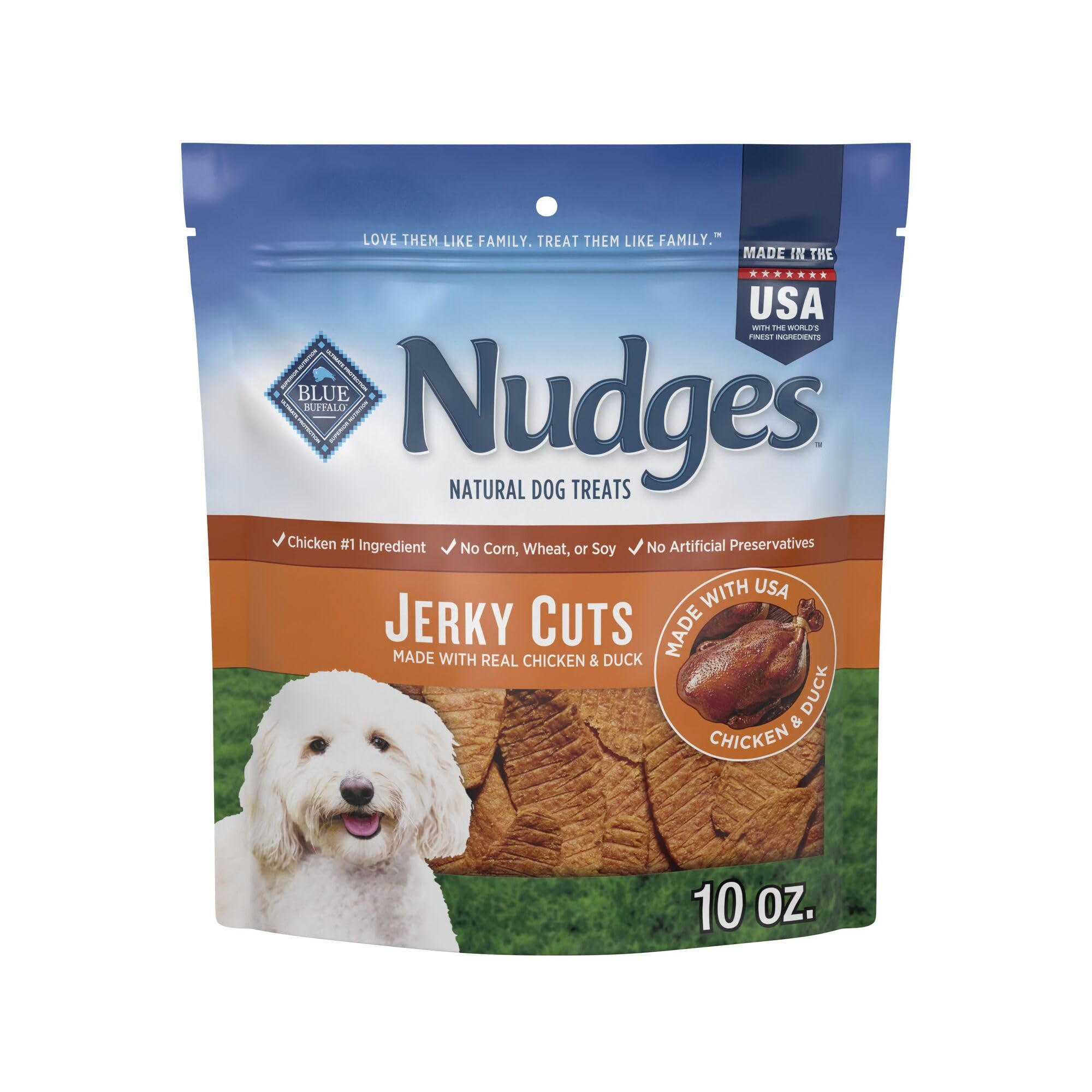 Blue Buffalo Nudges con pato frente de bolsa, premio sabroso para perros