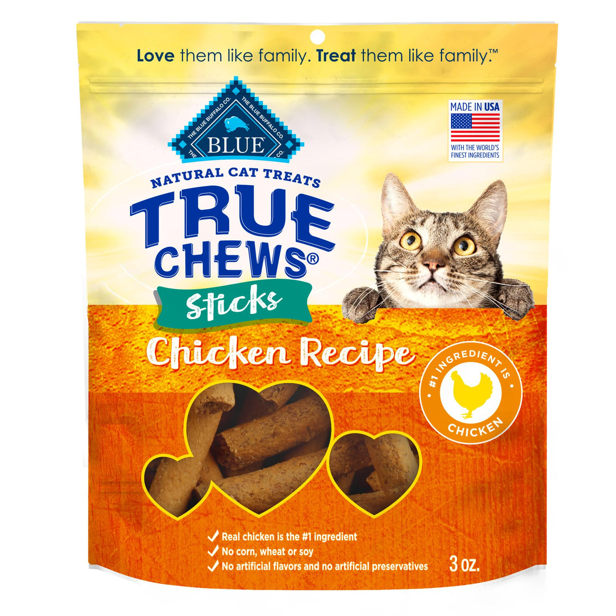 Blue Buffalo Palitos para Gato con carne real como primer ingrediente.