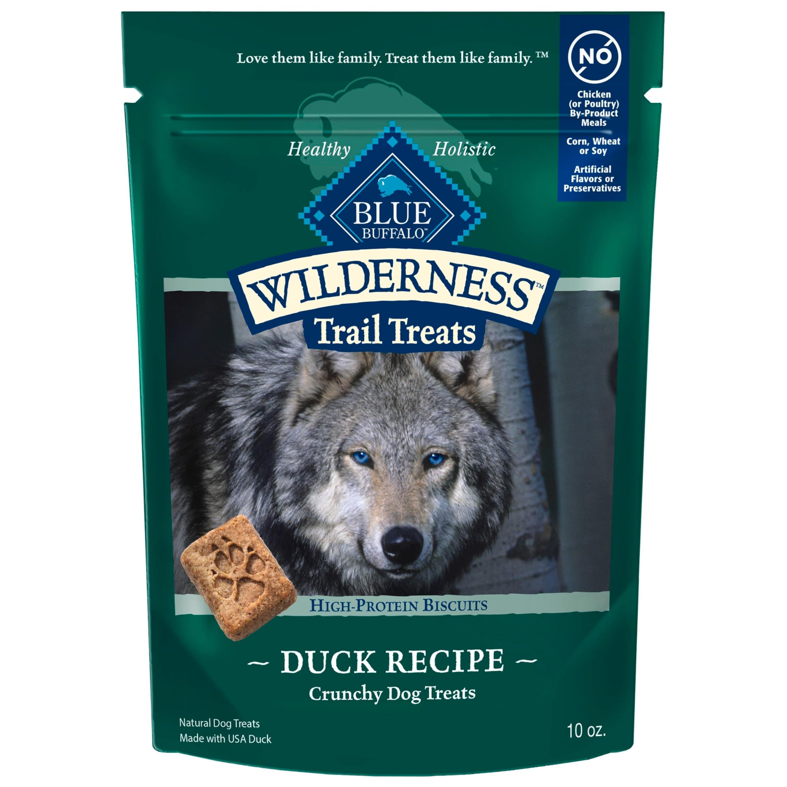 Blue Buffalo Premios de Sendero Salvaje con pato, primer ingrediente para perros activos.