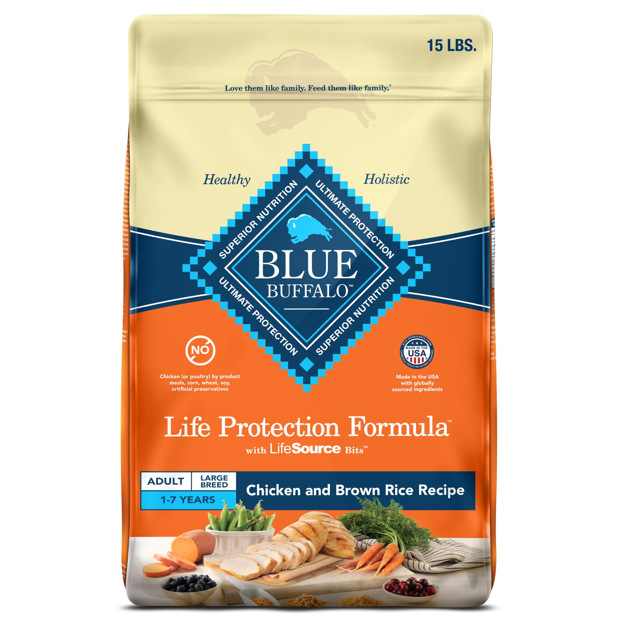Blue Buffalo Life Protection Formula Grande: ingrediente-pollo, proteína real para energía diaria.