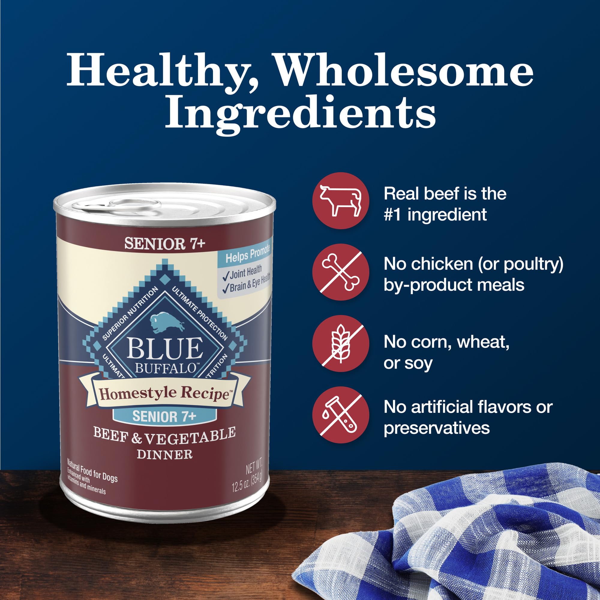 Blue Buffalo Receta Hogareña Senior: glucosamina y condroitina para movilidad articular.