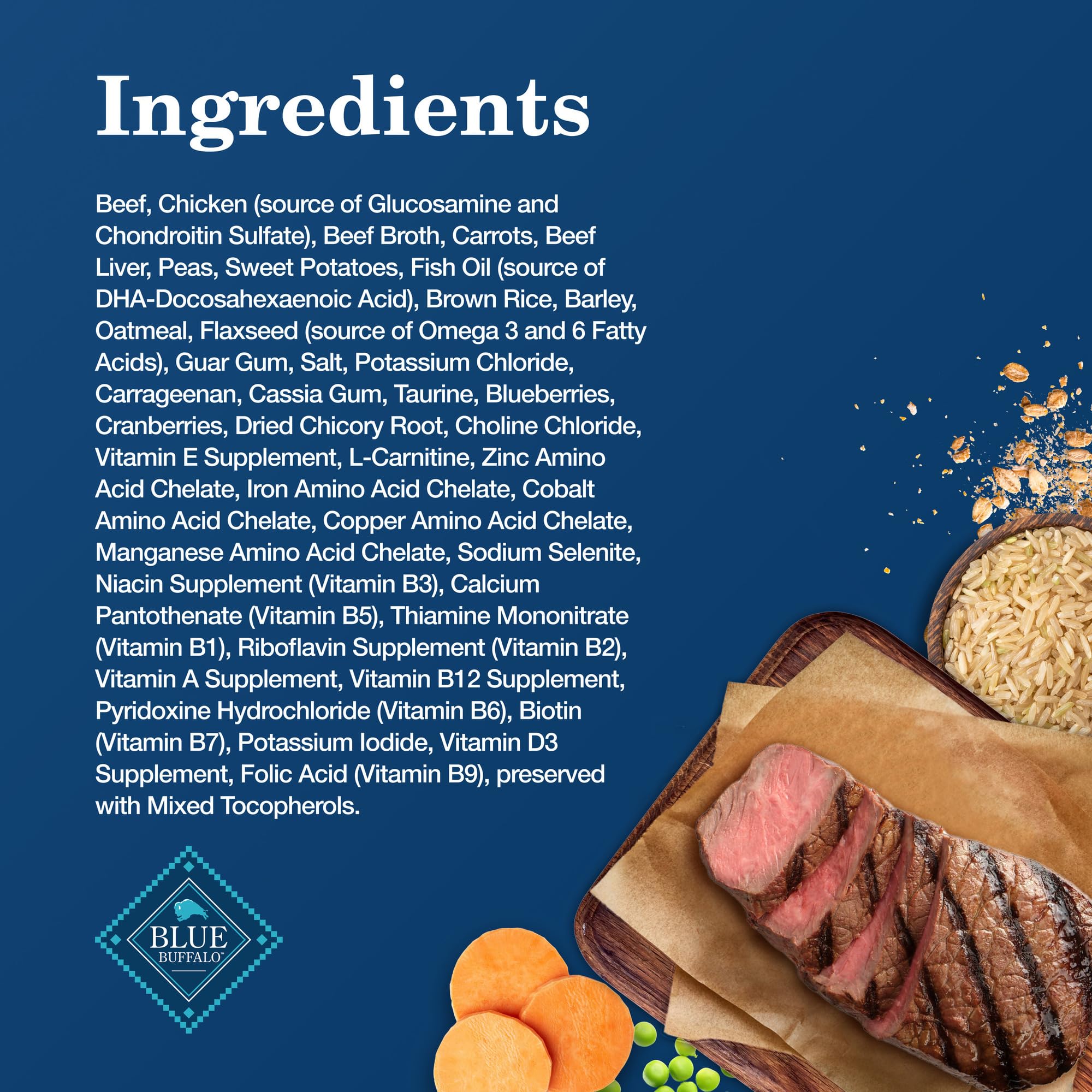 Blue Buffalo Receta Hogareña Senior: sin trigo ni soya para estómagos sensibles.