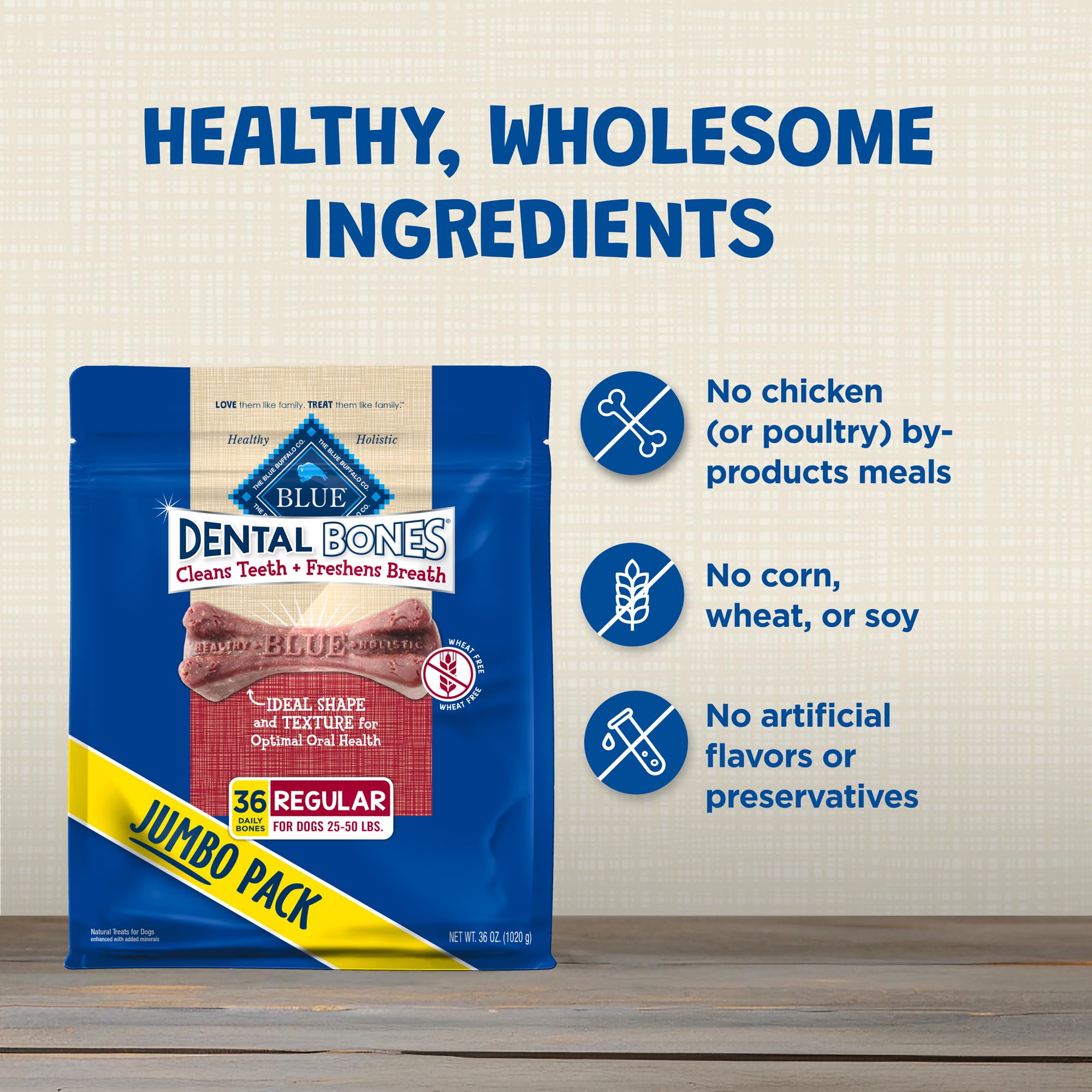 Blue Buffalo Hueso Dental Regular, sin subproductos de pollo para perros sensibles.