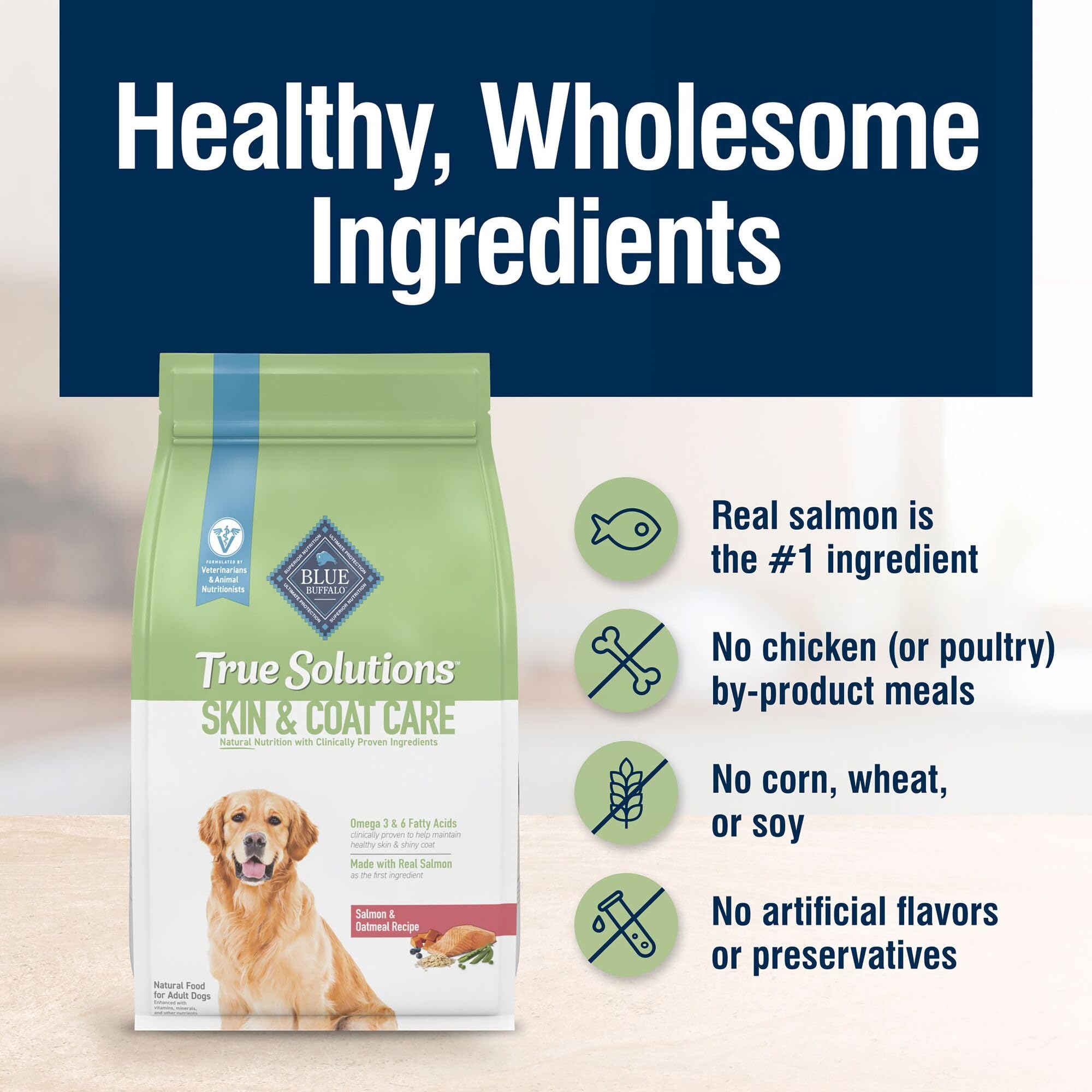 Blue Buffalo Soluciones Verdaderas, sin huevos ni lácteos para perros sensibles.