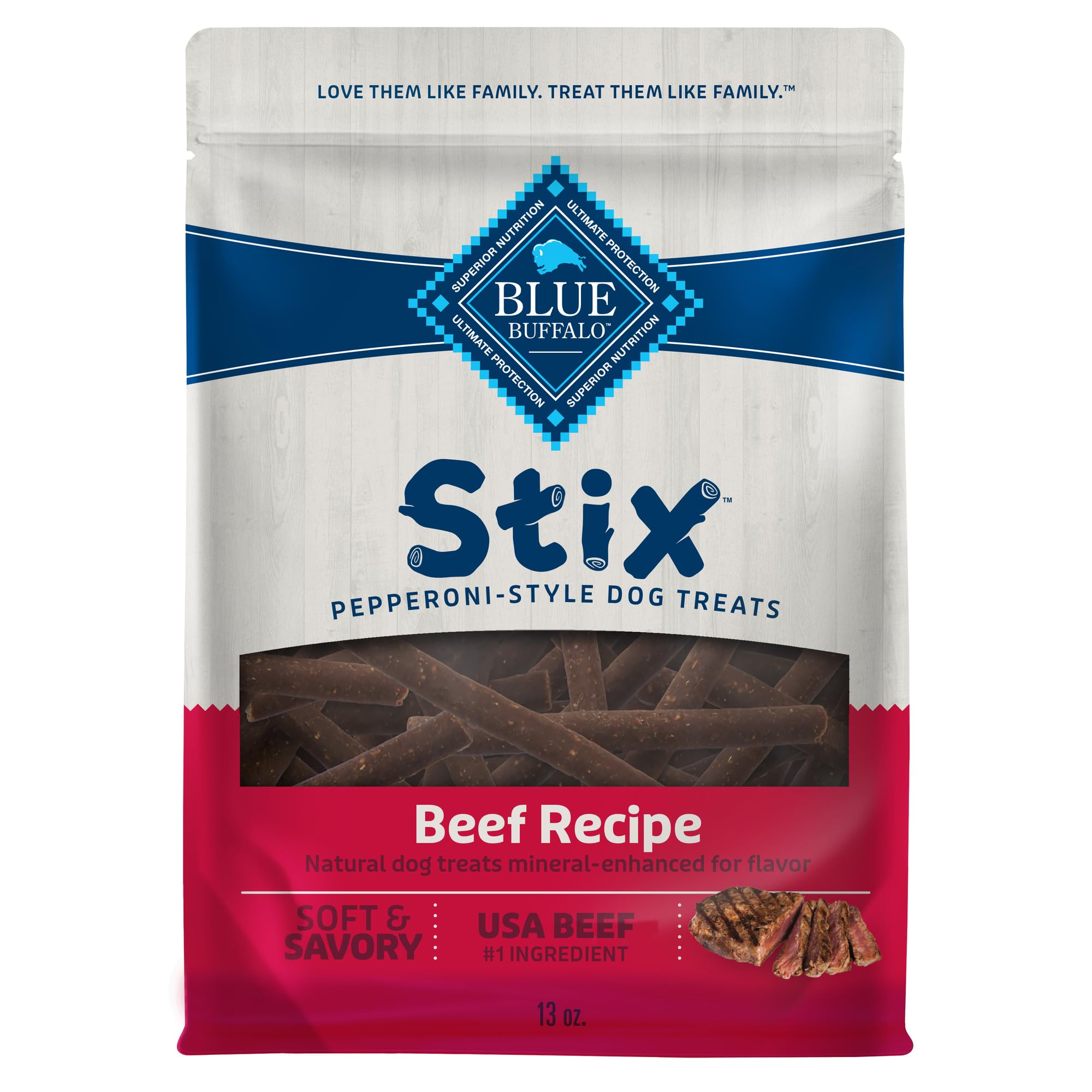 Blue Buffalo Stix carne real, primer ingrediente para sabor irresistible.