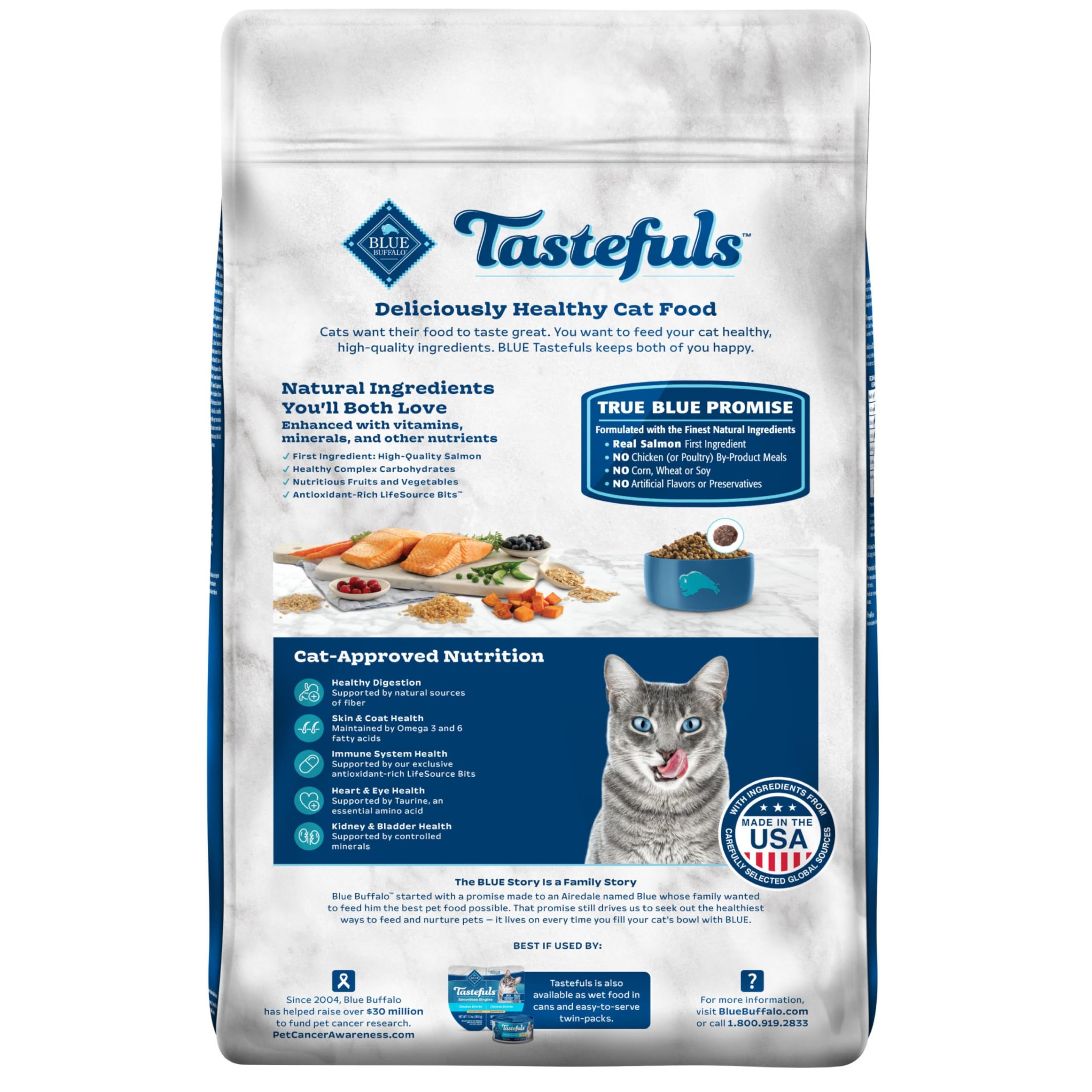Blue Buffalo Tastefuls para gatos adultos de interiores, digestión suave y pelaje brillante.