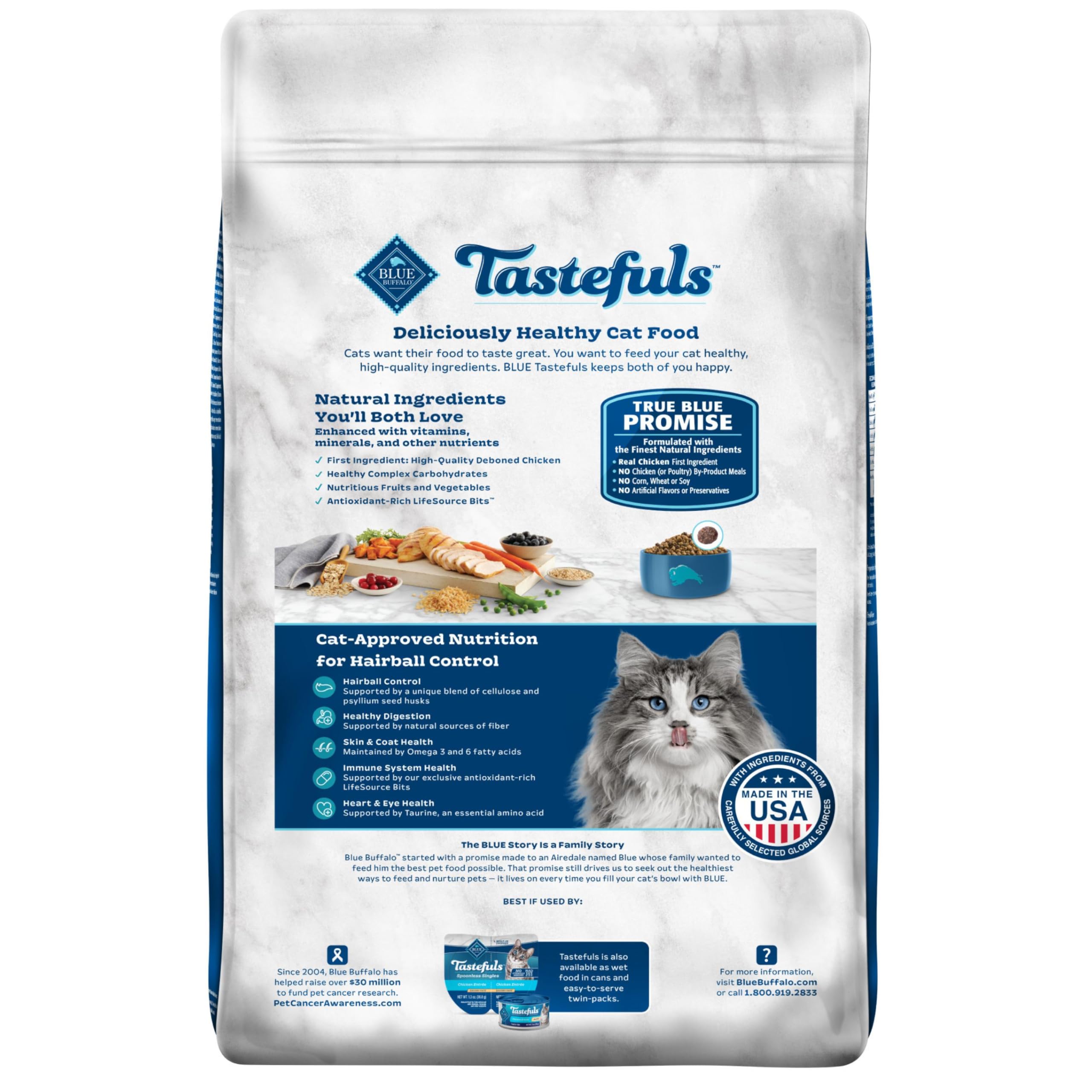 Blue Buffalo Tastefuls con control de bolas de pelo, textura agradable y digestión suave gracias a psyllium.
