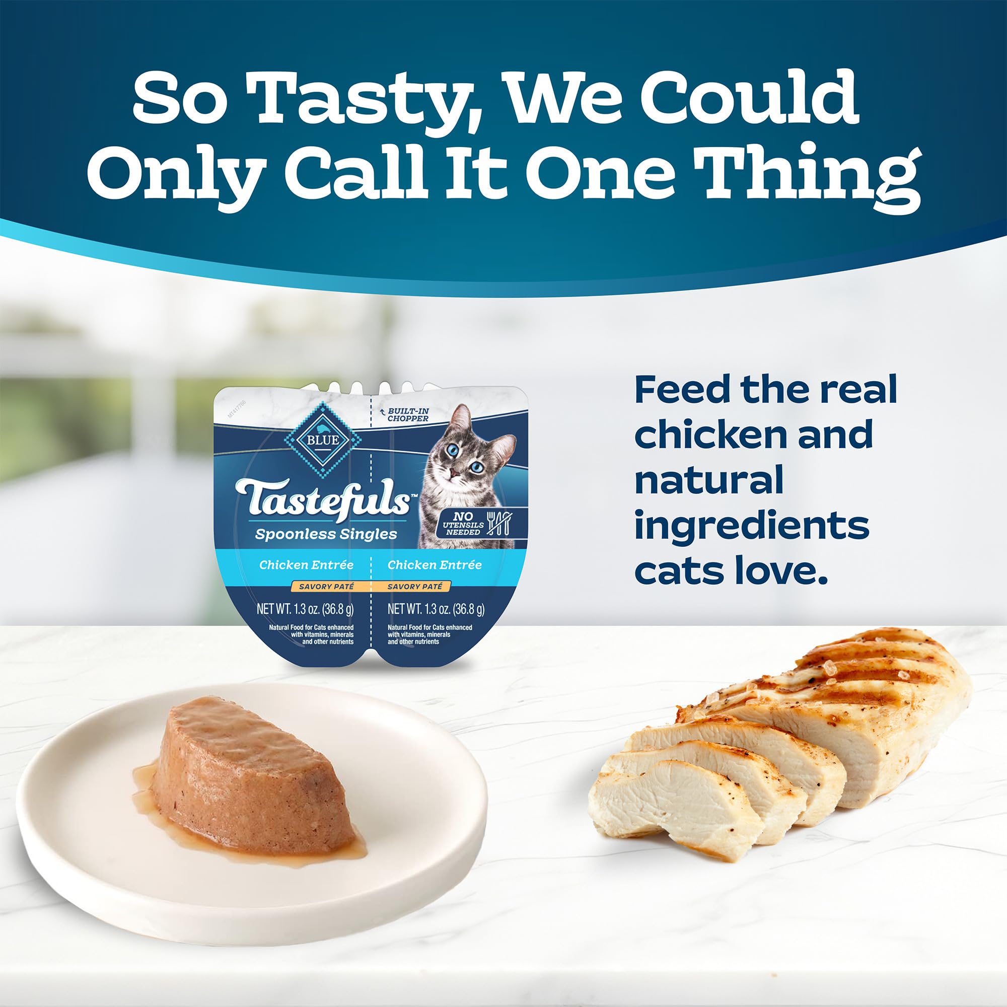 Blue Buffalo Tastefuls, cortadora integrada para servir sin utensilios.