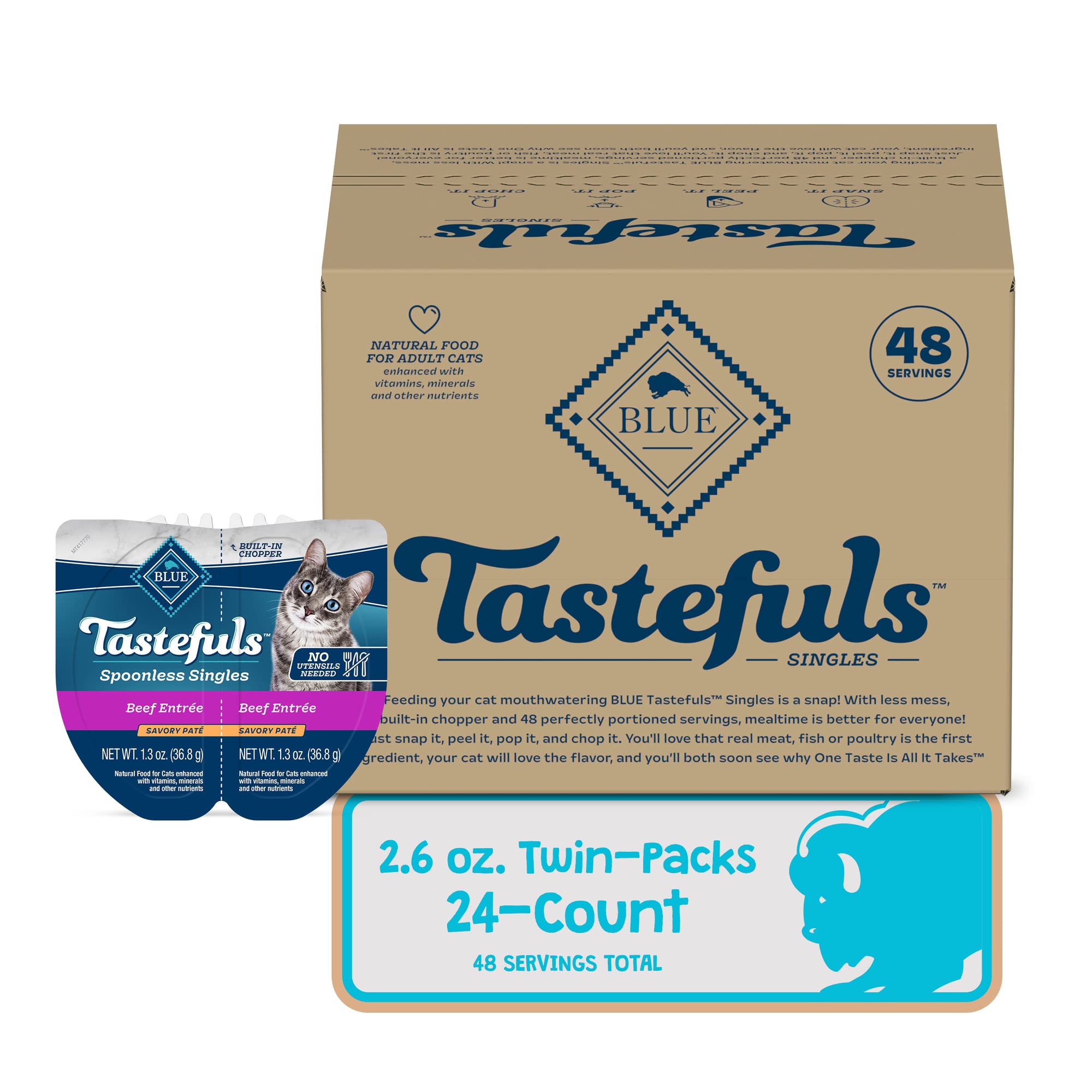 Blue Buffalo Tastefuls cuchilla integrada en tapa para servir fácilmente.