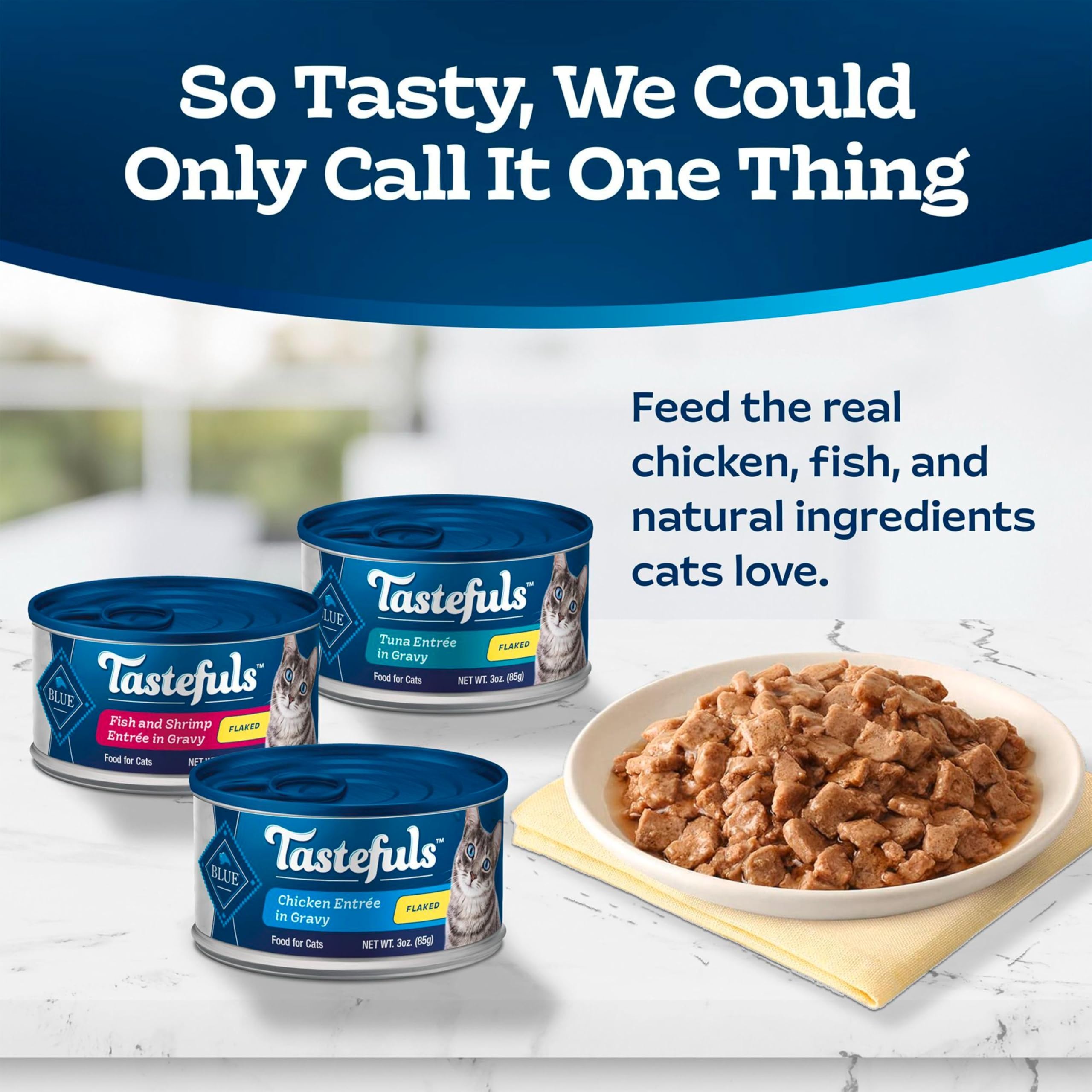 Blue Buffalo Tastefuls fish shrimp flaked can emphasizes natural seafood flavor