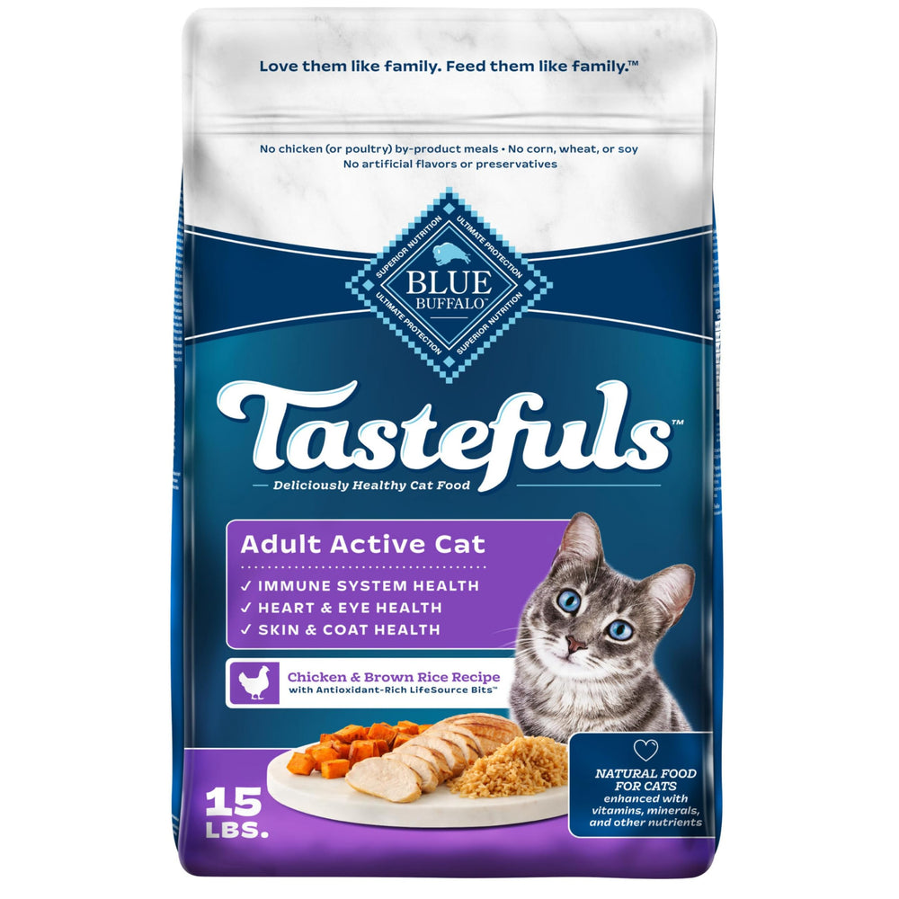 Blue Buffalo Tastefuls frente de envase, alimento seco para gatos activos, sabor natural.