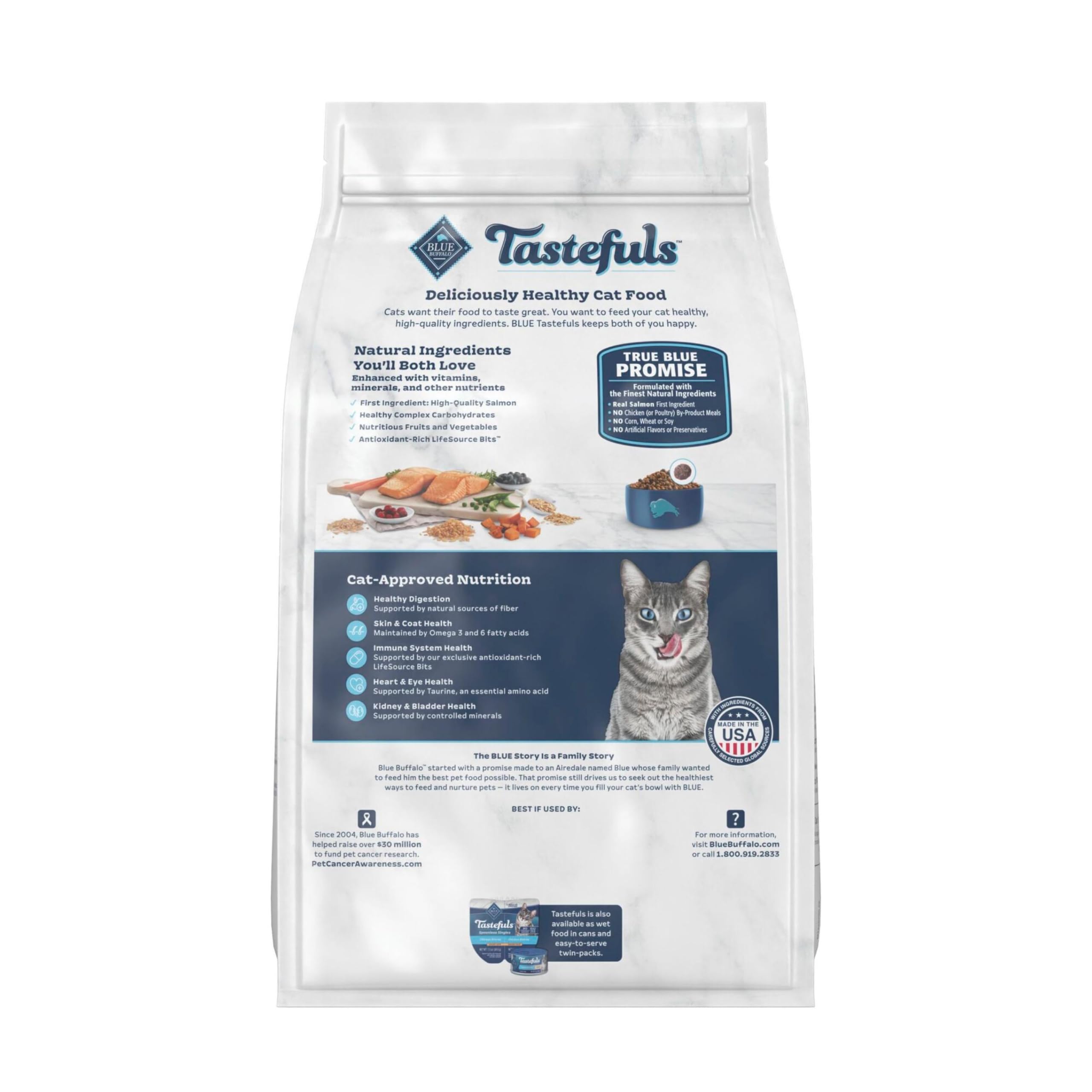 Blue Buffalo Tastefuls para gatos adultos de interior, croquetas secas para pelaje saludable.