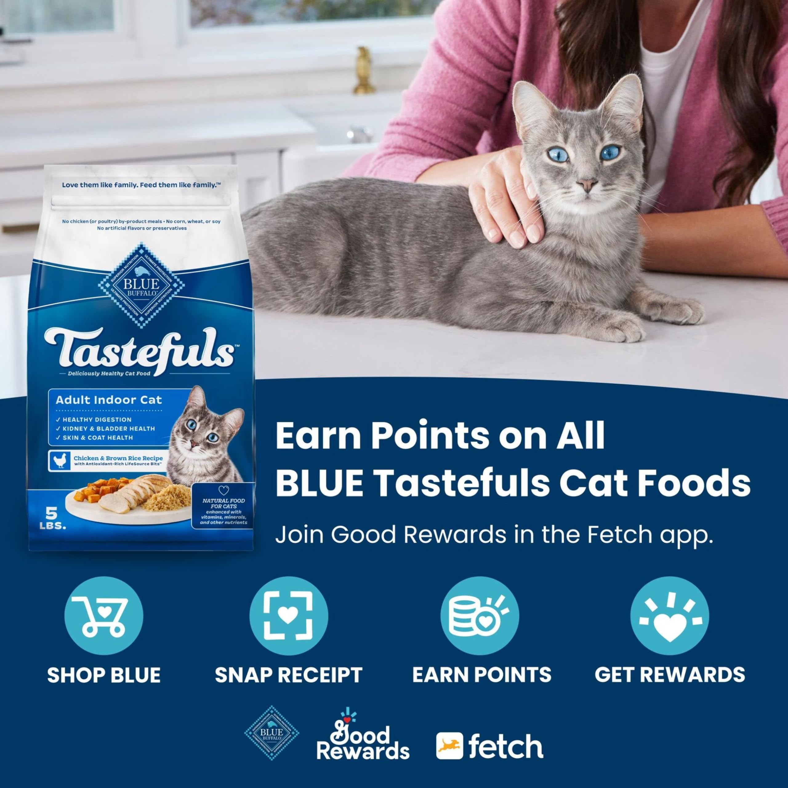 Blue Buffalo Tastefuls sin maíz para estómagos sensibles.
