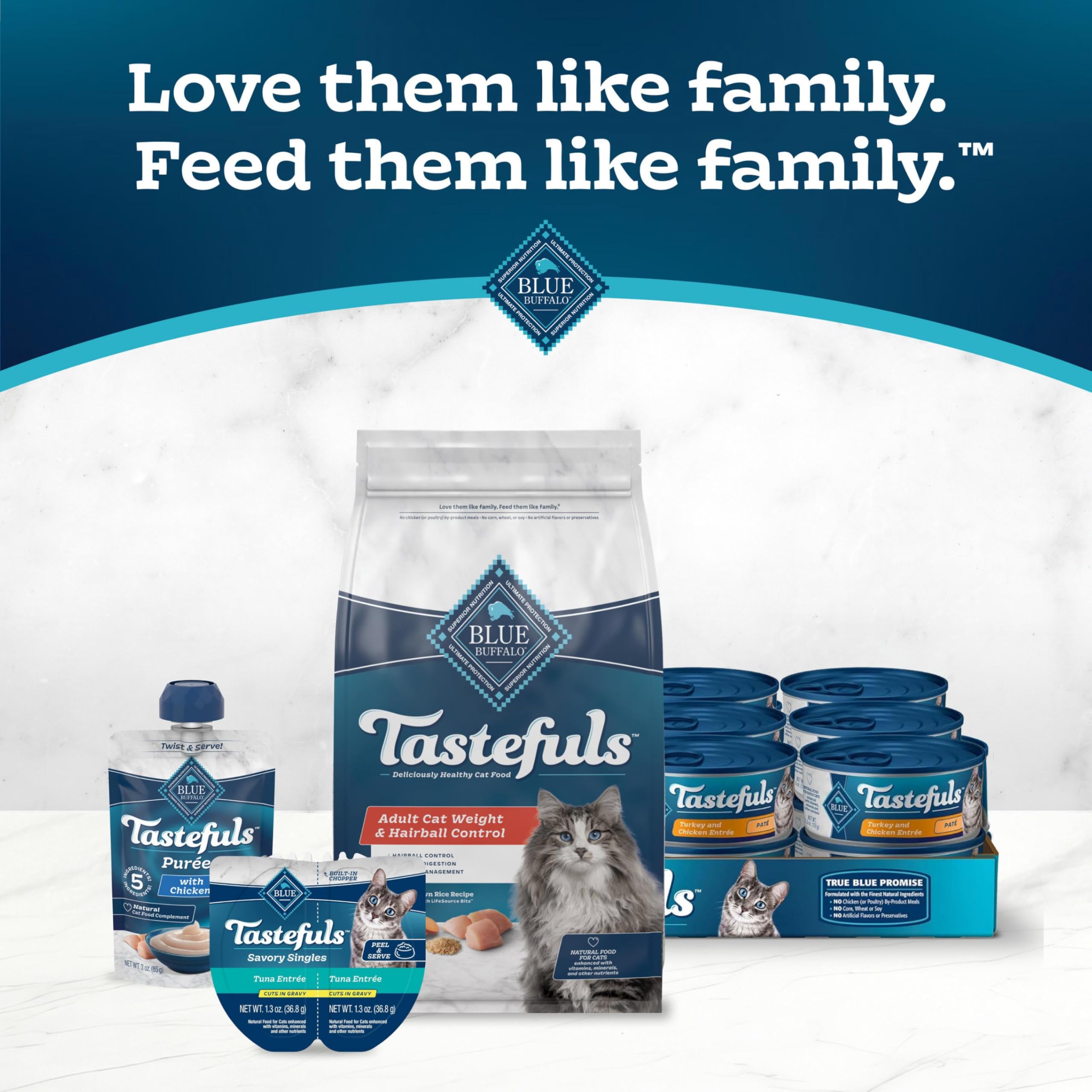 Blue Buffalo Tastefuls ingredientes sanos y granos enteros para equilibrio.