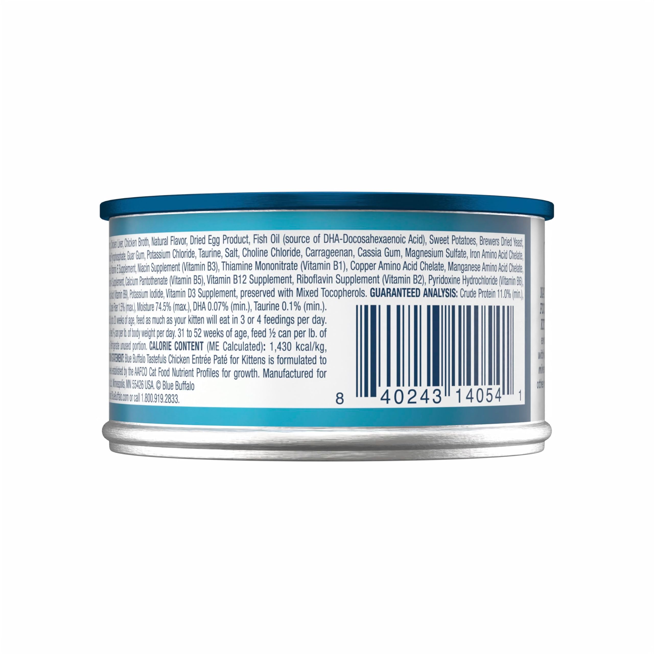Blue Buffalo Tastefuls Paté para gatitos, lata abierta con pollo real