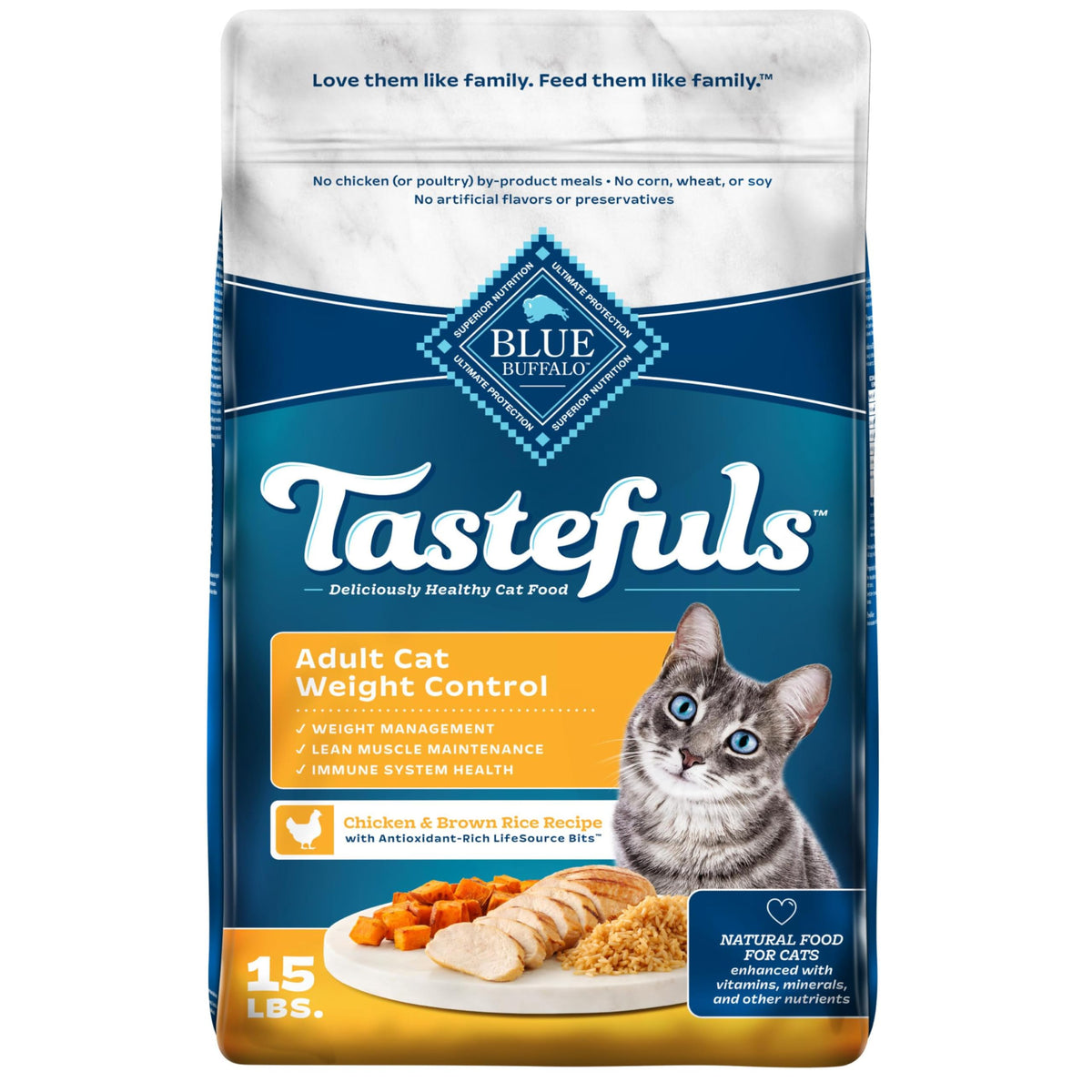 Blue Buffalo Tastefuls con pollo deshuesado como primer ingrediente.