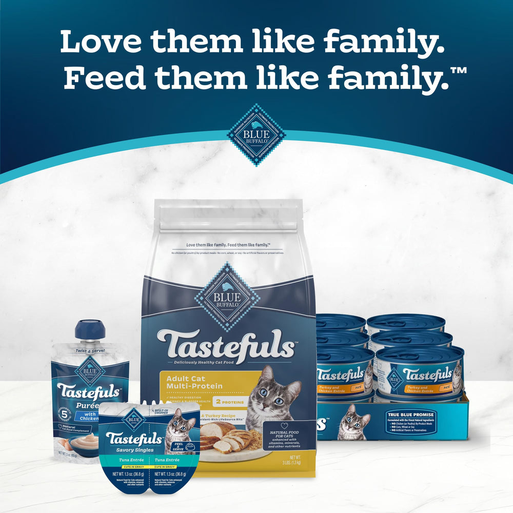 Blue Buffalo Tastefuls: porción lista para servir en plato para gatos.