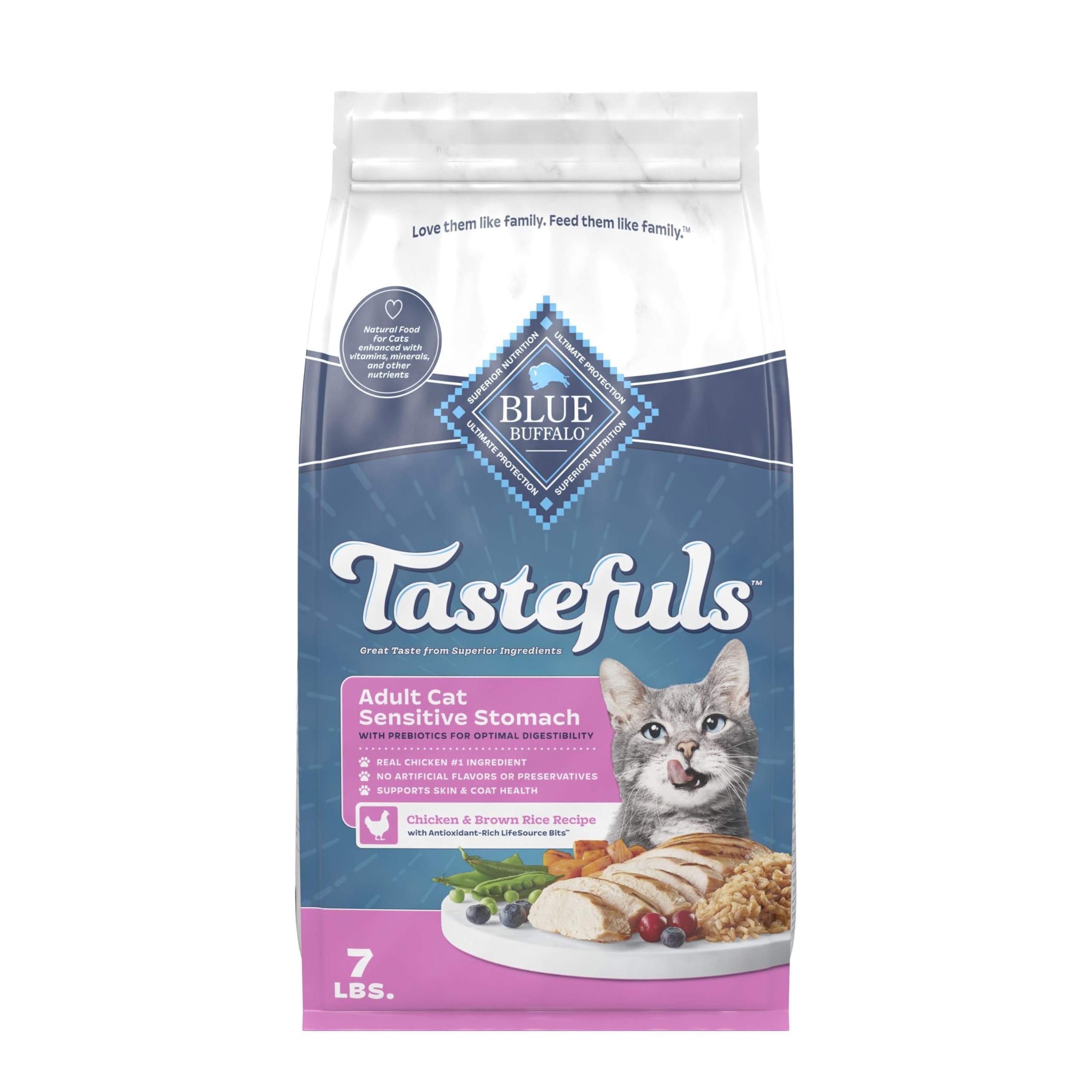 Blue Buffalo Tastefuls con pollo, primer ingrediente para estómago sensible.