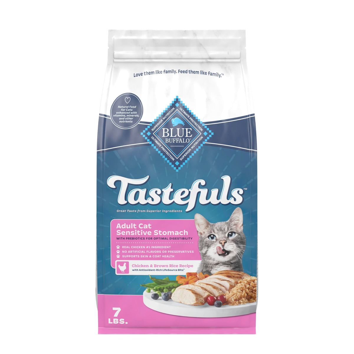 Blue Buffalo Tastefuls con pollo, primer ingrediente para estómago sensible.