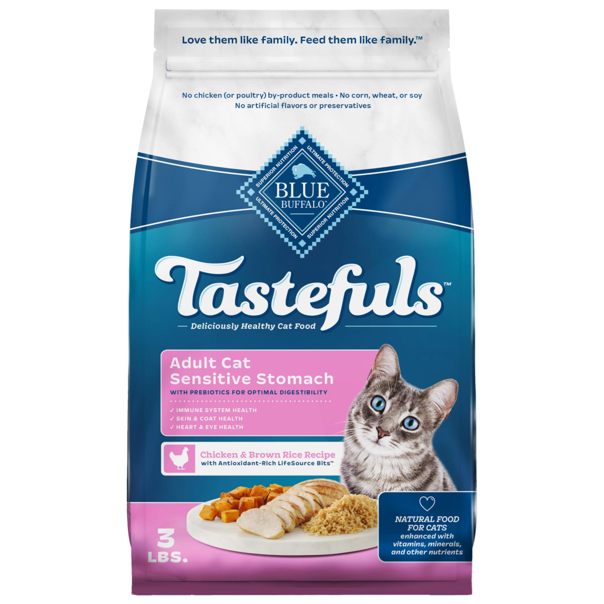 Blue Buffalo Tastefuls 3lb bag with real chicken first ingredient for gentle digestion