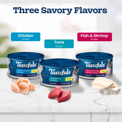 Blue Buffalo Tastefuls variety pack front view showcases four cans per flavor