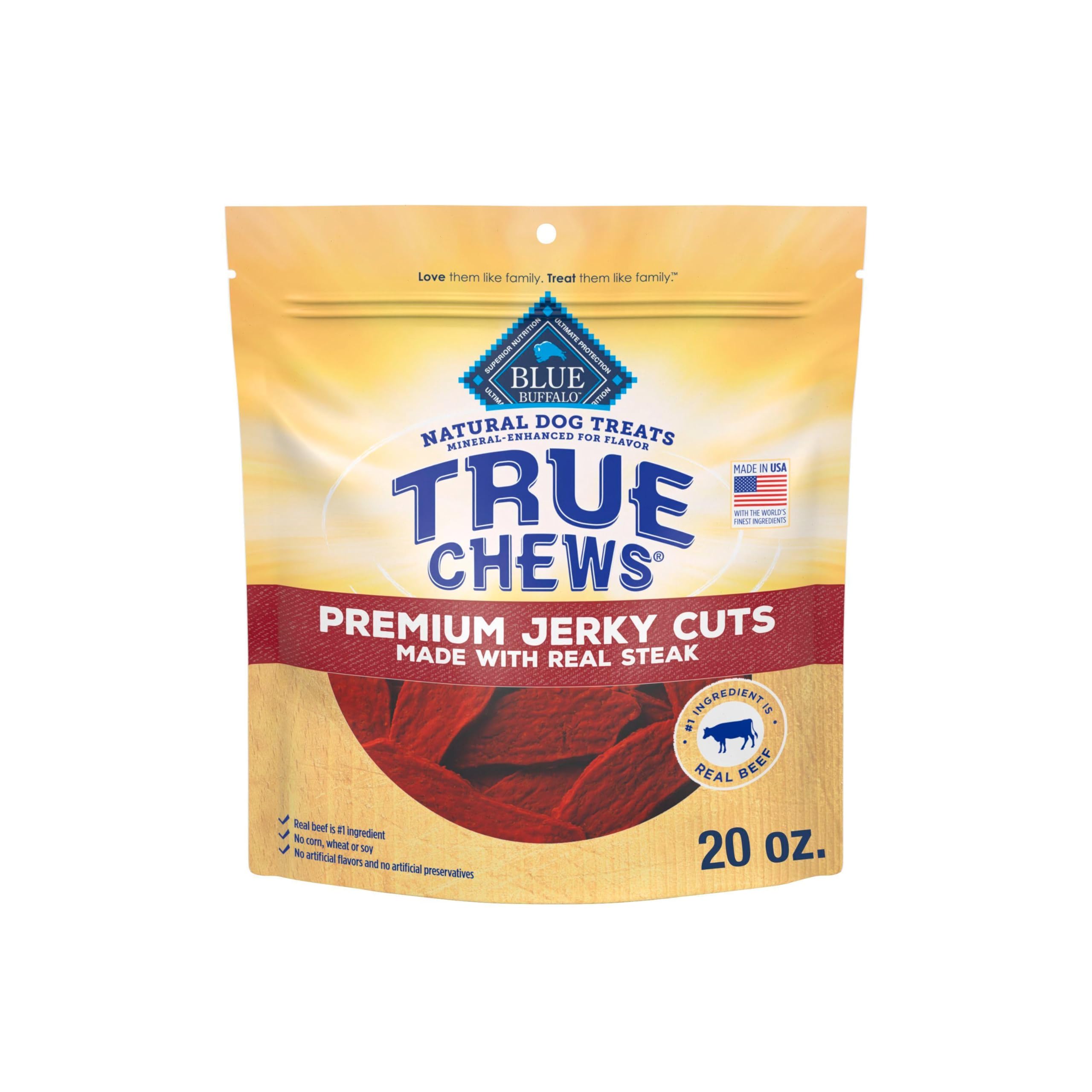 Blue Buffalo True Chews con carne real como primer ingrediente, ideal para recompensas.