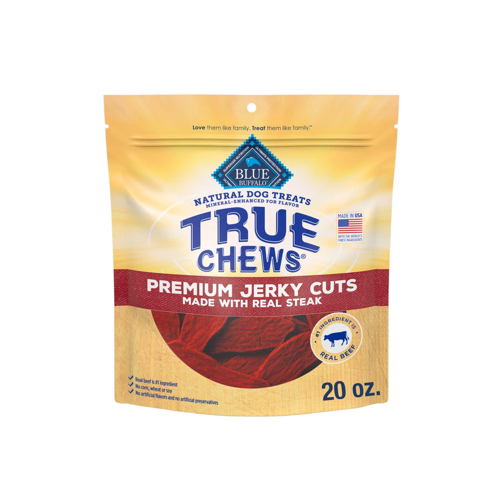 Blue Buffalo True Chews con carne real como primer ingrediente, ideal para recompensas.