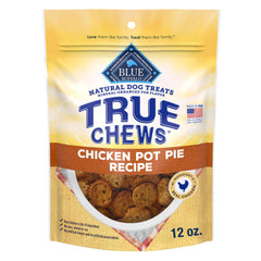 Blue Buffalo True Chews chicken pot pie bag showing real ingredients for healthy rewards