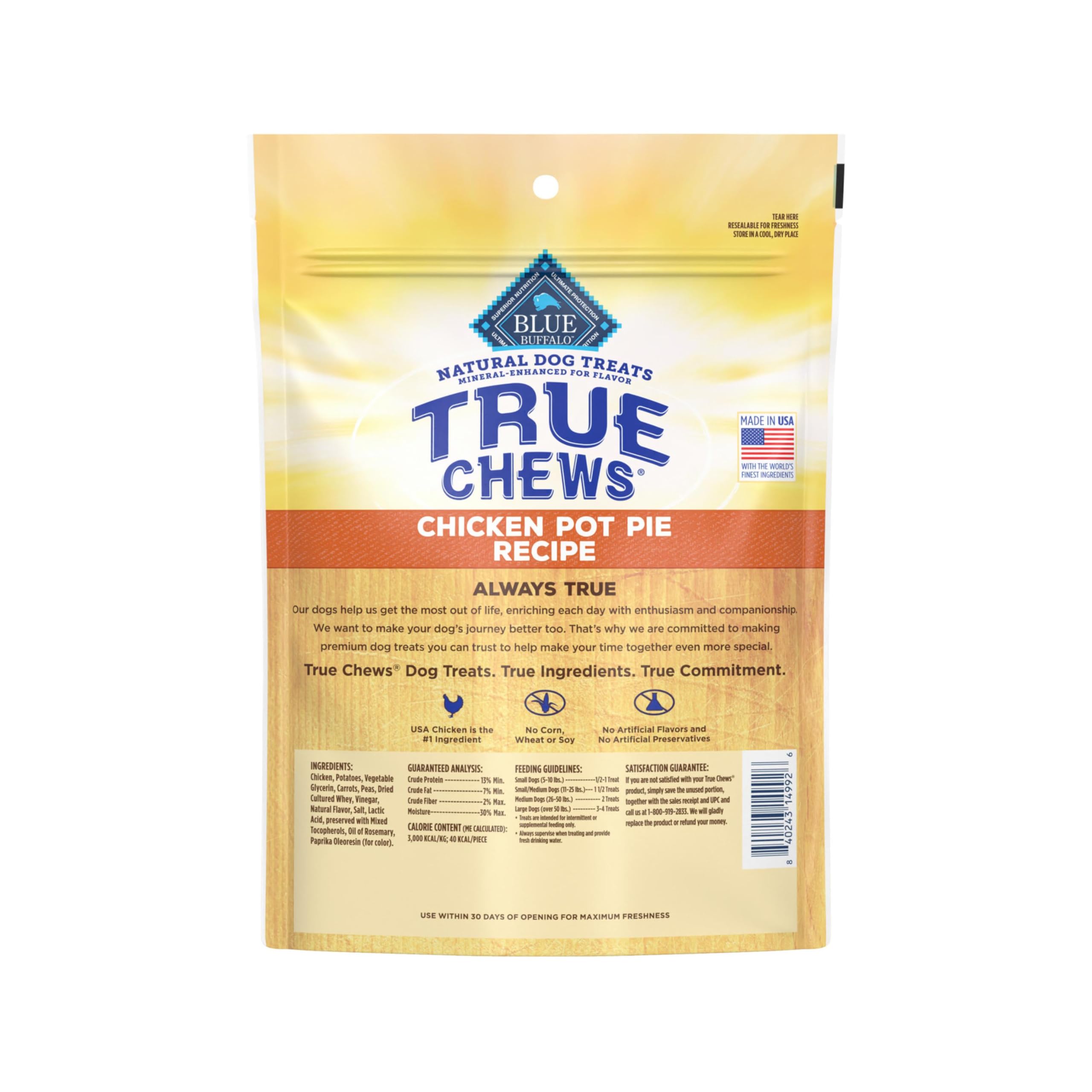 Blue Buffalo True Chews chicken pot pie piece highlighting easy-to-portion treats