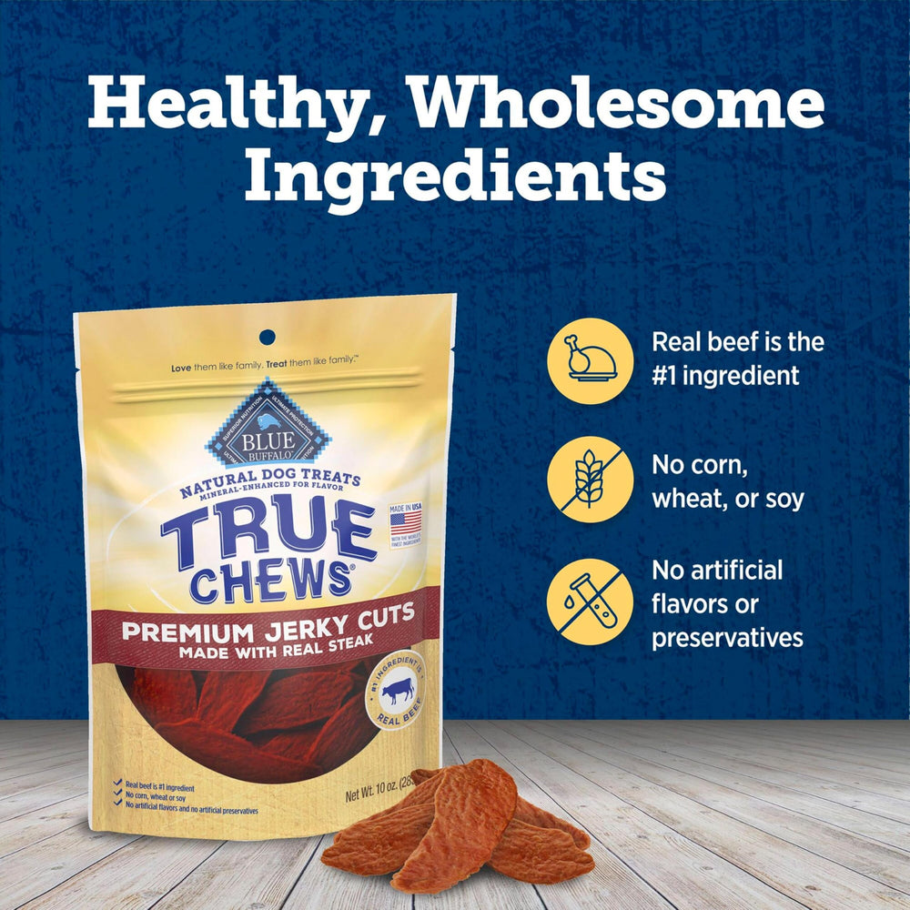 Blue Buffalo True Chews Jerky Cuts real beef first for authentic flavor.