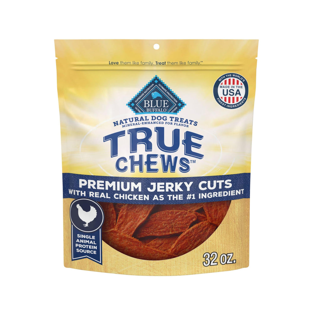 Blue Buffalo True Chews Jerky Cuts Pollo: textura tierna para premio durante el entrenamiento.