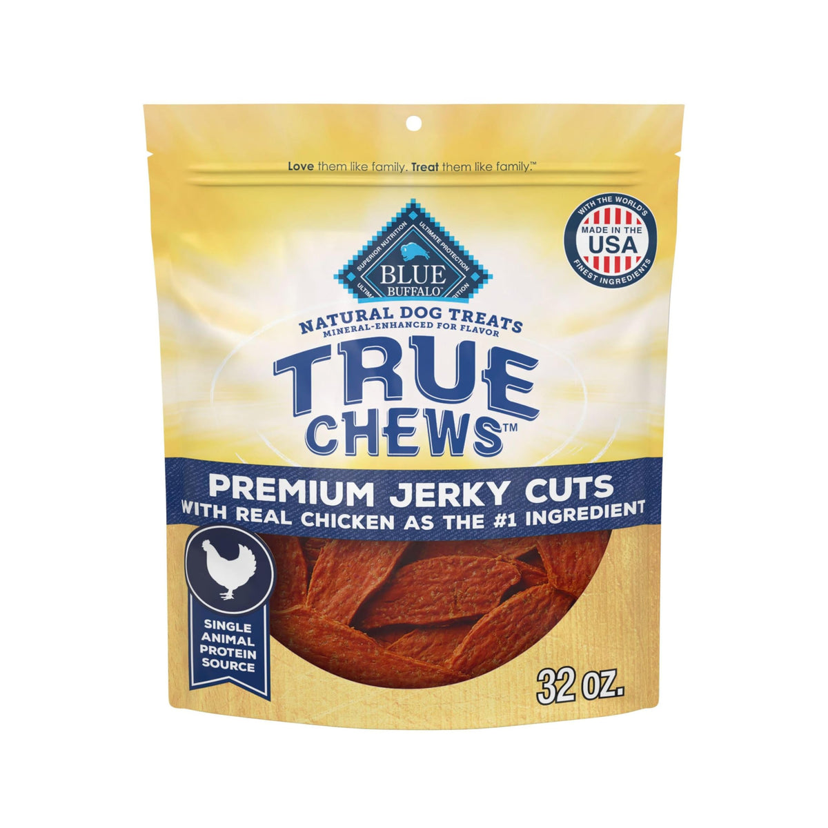 Blue Buffalo True Chews Jerky Cuts Pollo: textura tierna para premio durante el entrenamiento.