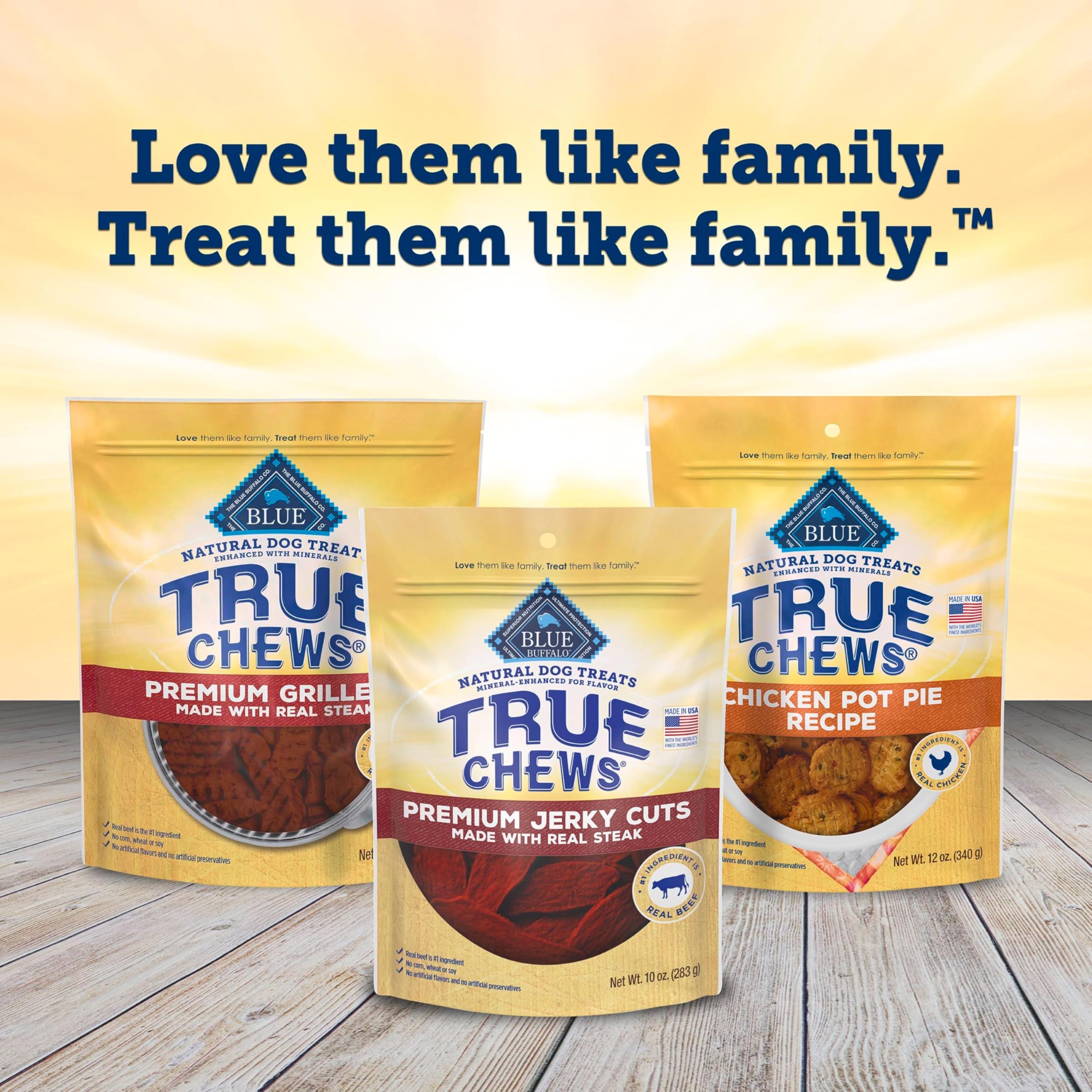 Blue Buffalo True Chews Jerky Cuts steak recipe for savory bites during walks.