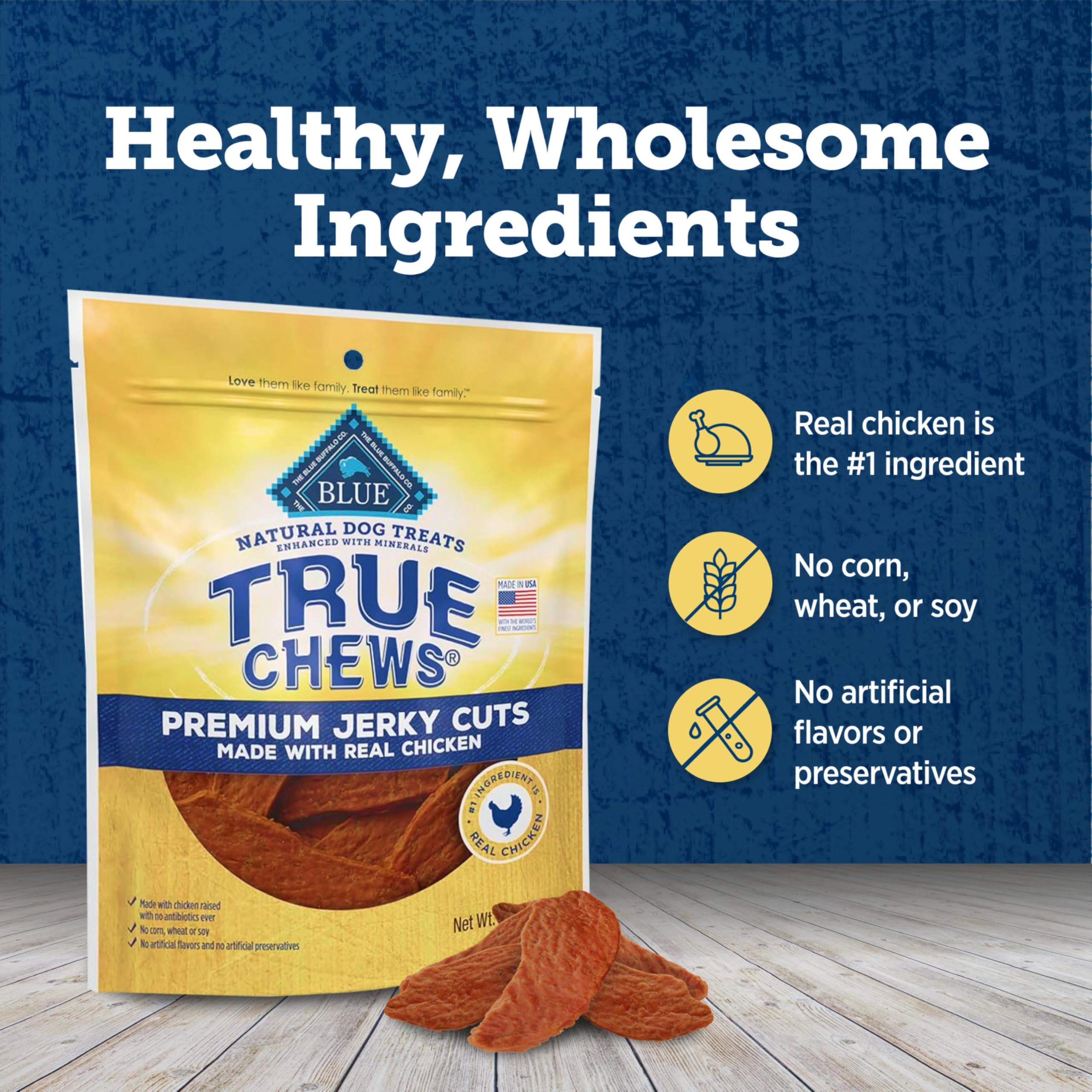 Blue Buffalo True Chews paquete de cuatro onzas ideal para compartir.