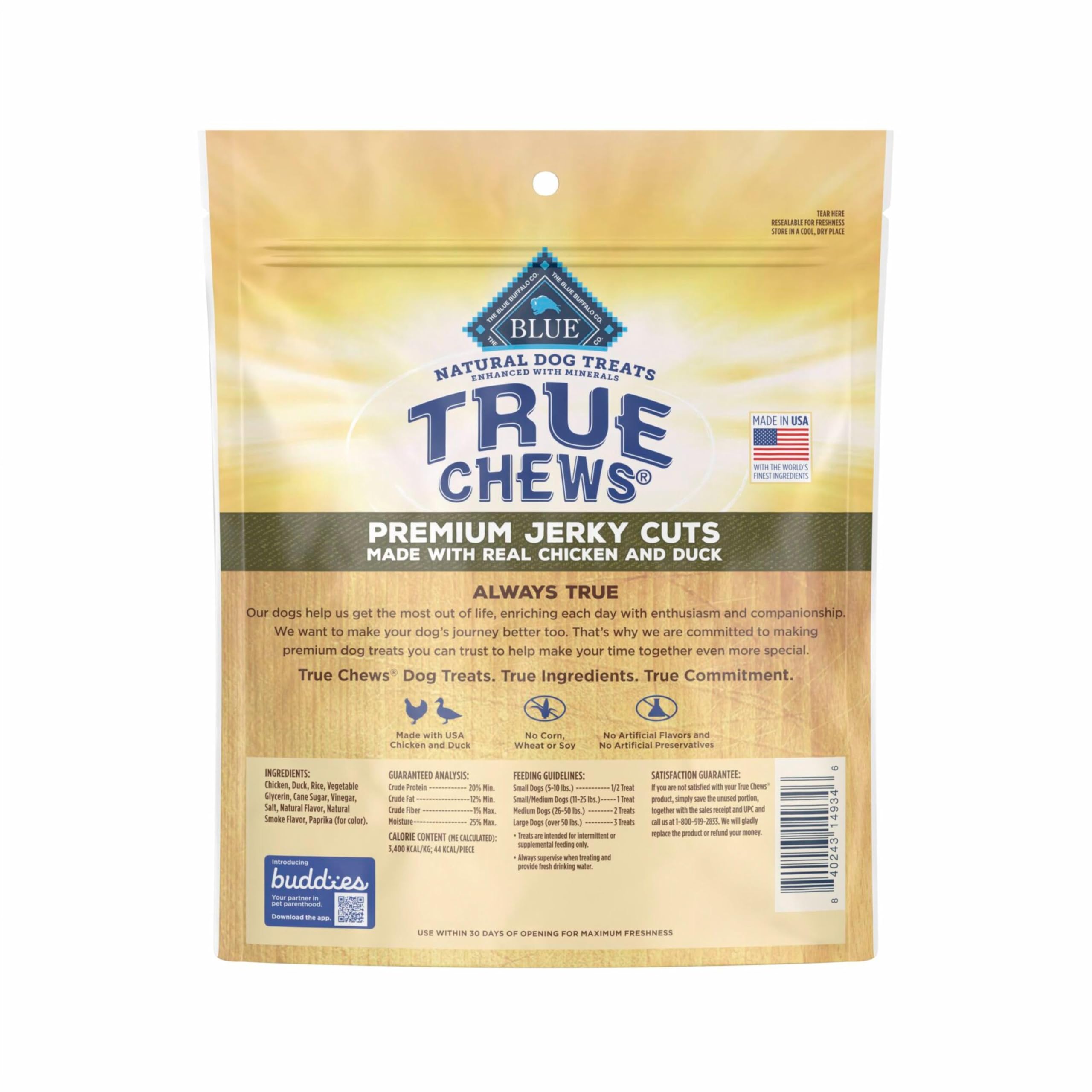 Blue Buffalo True Chews pato, etiqueta de ingredientes, opción natural para recompensas sin conservantes.
